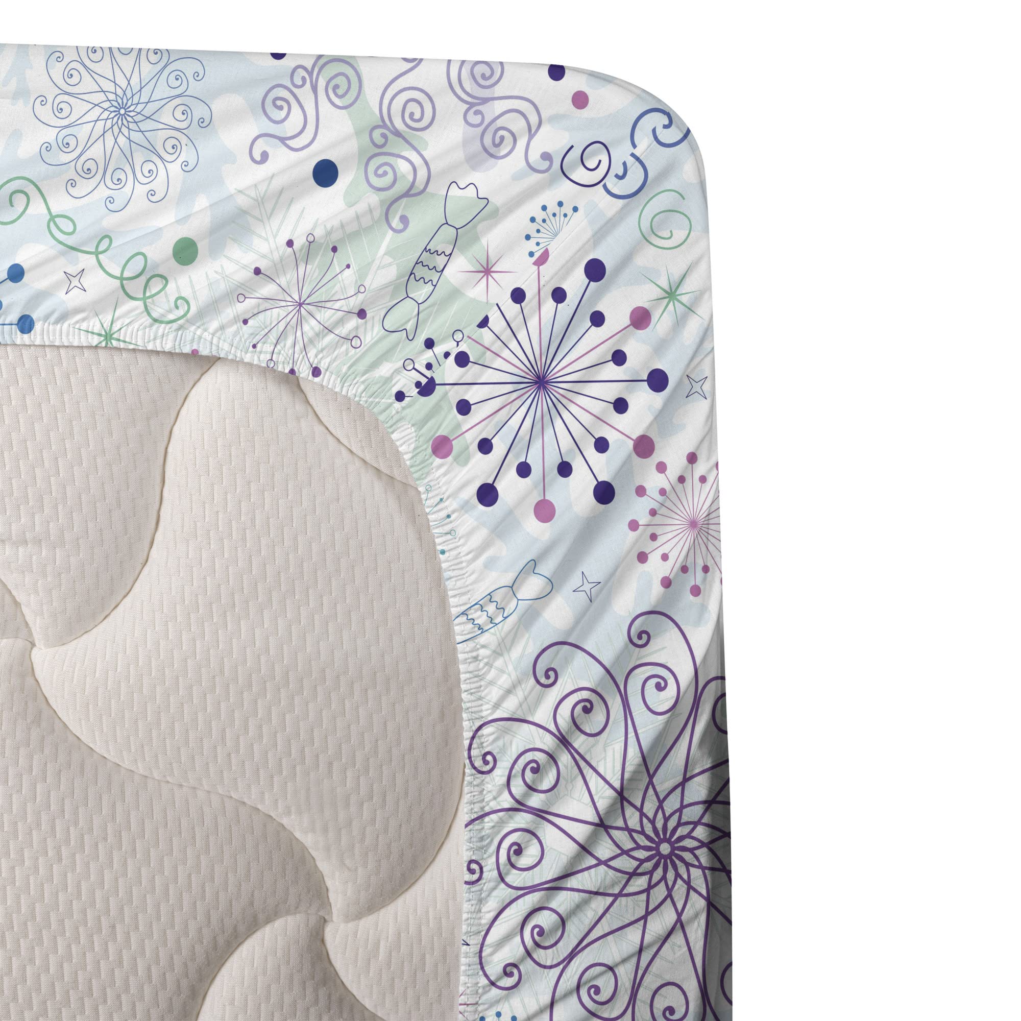 Ambesonne Winter Sheet Set - Pastel Abstract Snowflakes & Curls 4-Piece King Size Bedding (Fitted Sheet, Flat Sheet, 2 Pillowcases) - Blue Green Lavender - Cozy Warm Bedroom Decor for Cold Nights