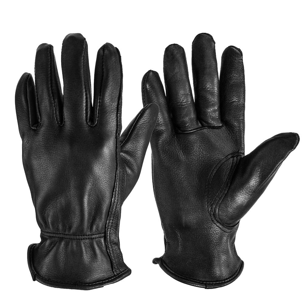 OZERO Men's Work Gloves - Premium Grain Deerskin Leather Shooting Gloves for Hunting, Riding, Driving, Gardening & Yard Work - Durable & Comfortable for Outdoor Activities (Black, Large) | Ideal for Jewelry Polishing, Farm Chores & Tactical Use