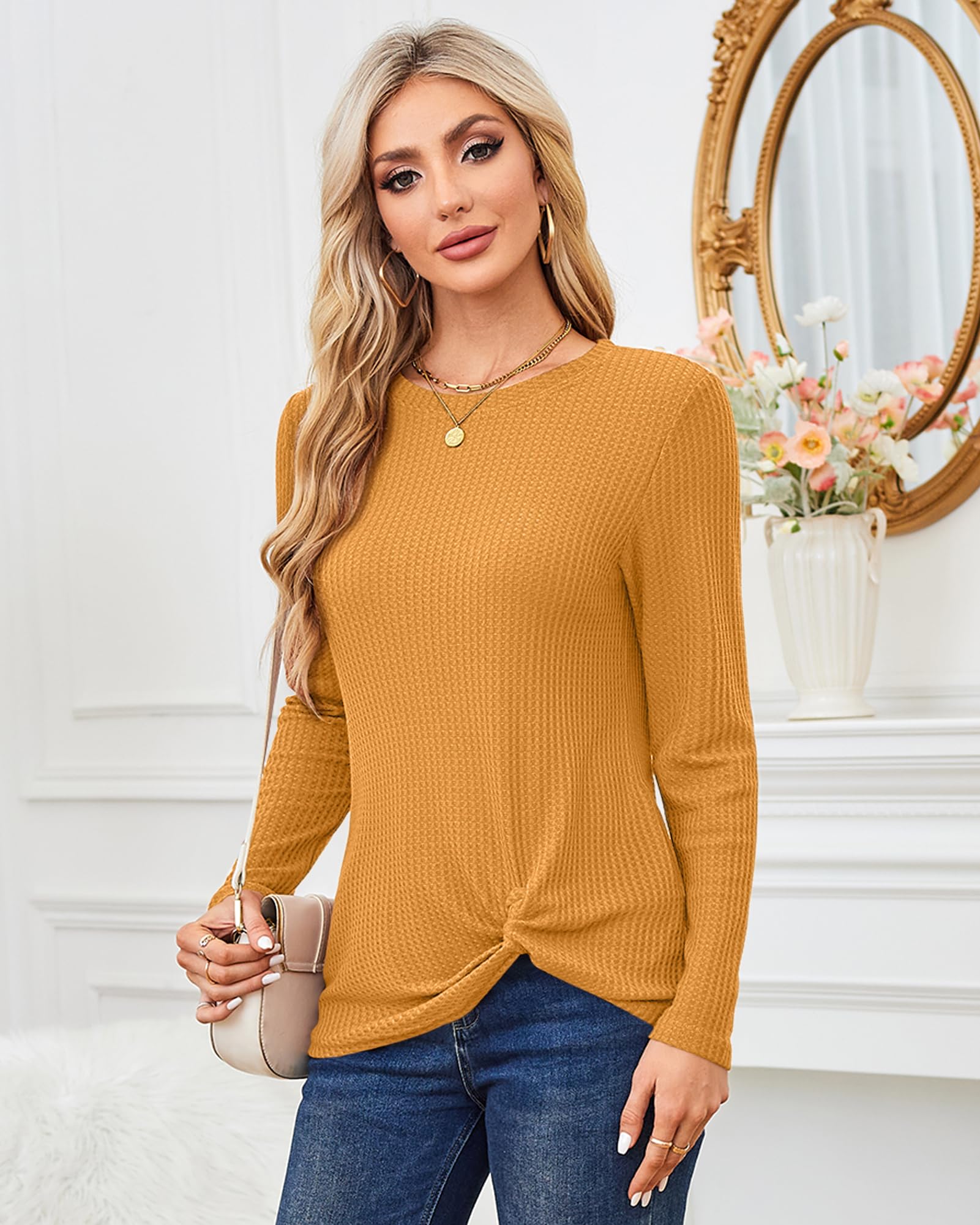 MISFAY Women's Casual Long Sleeve Knit Top with Cute Twist Knot Design - Soft Waffle Texture Shirt for Fall, Winter & Everyday Wear