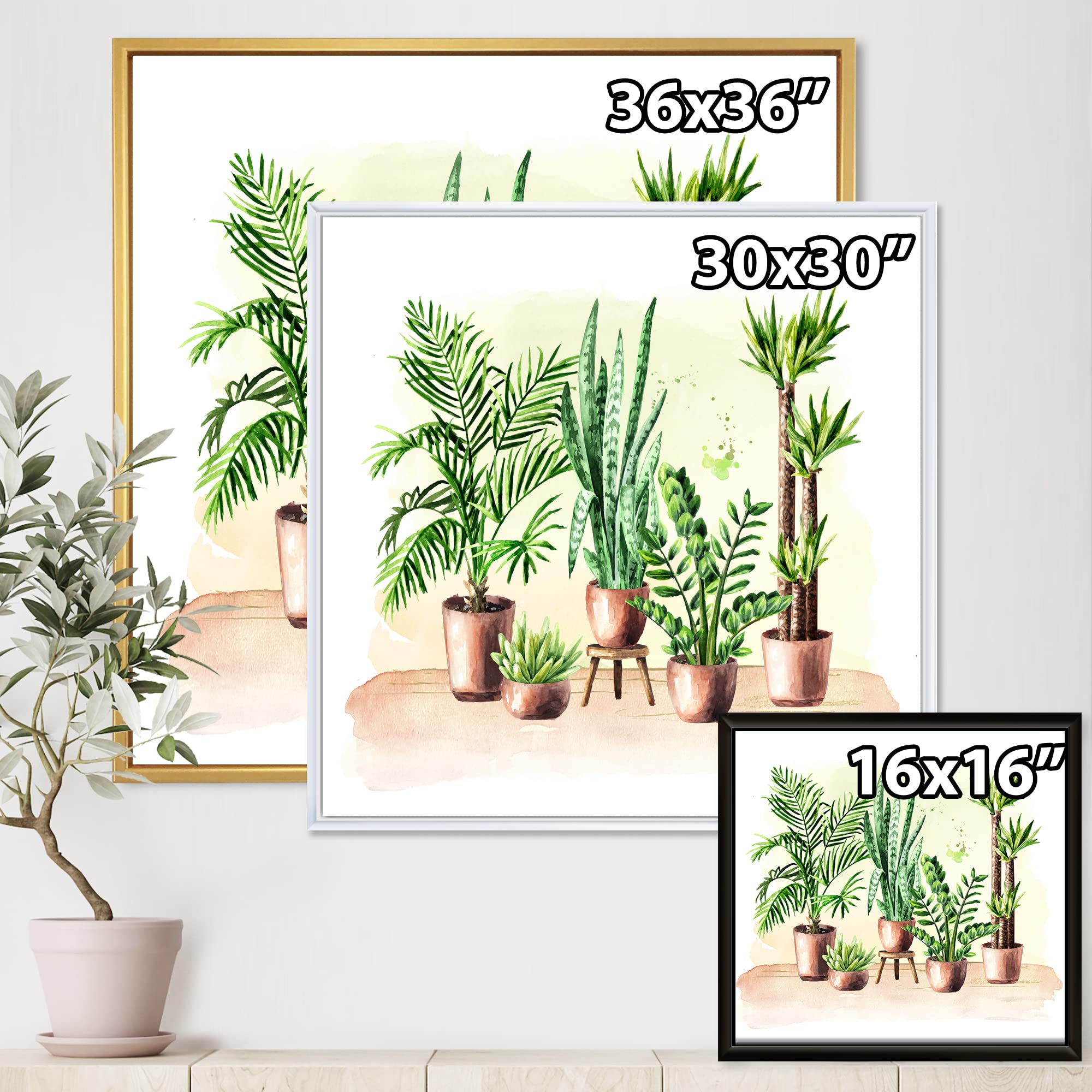 DesignQ Indoor Green Home House Plants I - Traditional Framed Canvas Wall Art Print | Botanical Wall Decor for Living Room, Bedroom & Office | Perfect Housewarming Gift for Plant Lovers