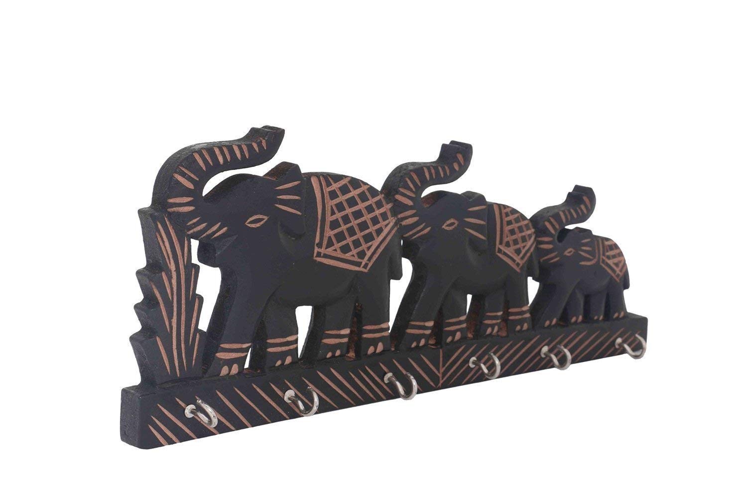 Triple Elephant Design Wooden Wall Mounted Key Holder - Decorative Key Hangers & Wall Decor for Home Entryway (Black) | Perfect for Organizing Keys in Hallway, Foyer or Bedroom