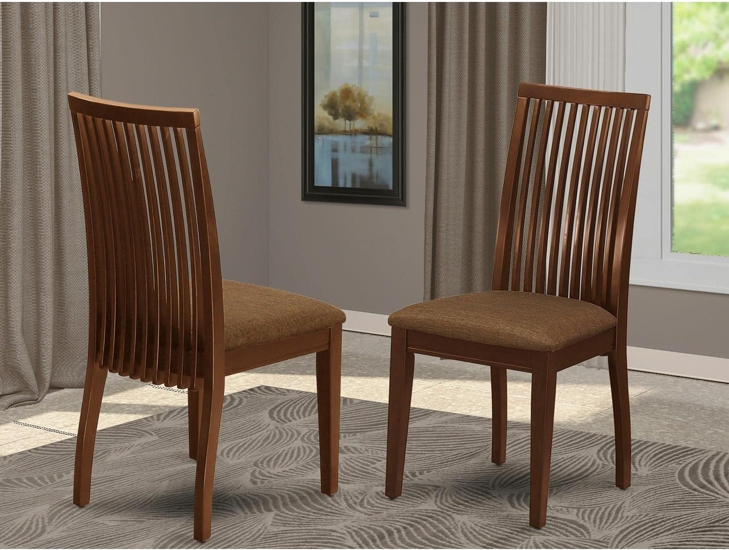 East West Furniture IPC-MAH-C Ipswich Solid Wood Dining Chairs Set of 2 - Mahogany Finish, Linen Upholstered Seats for Elegant Dining Room & Kitchen Decor | Perfect for Formal Dinners, Family Meals & Entertaining Guests