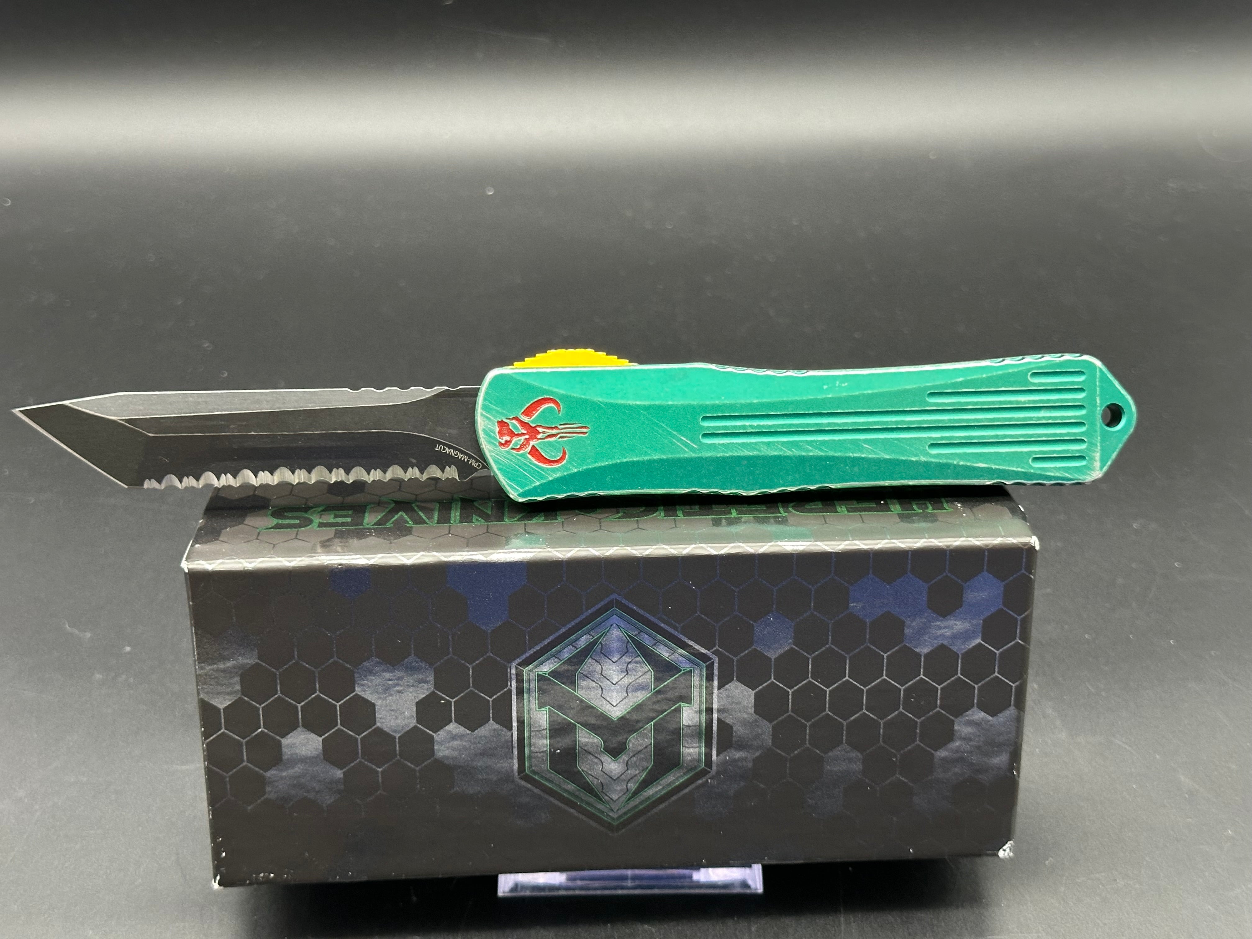 Heretic Manticore X Bounty Hunter Camo Carbon Handle OTF Knife - Black MagnaCut Serrated Tanto Blade for Tactical, Outdoor & EDC Use
