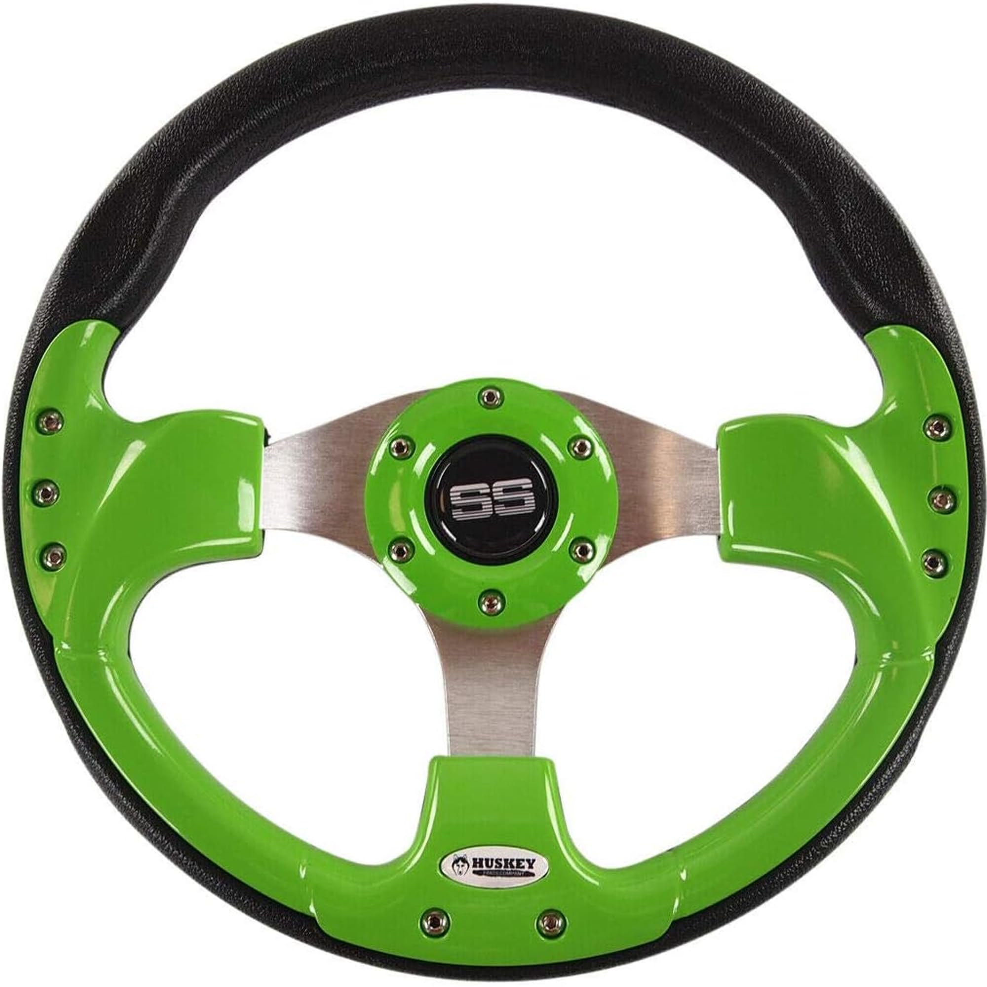 Huskey 12.5 Inch Lime Green Racing Style Golf Cart Steering Wheel - Compatible with Club Car DS Gas & Electric Models 1982 & Up - Classic Super Sport Logo, Brushed Aluminum Spokes & Anti-Slip Grip - Perfect for Golf Cart Upgrades, Customization & Enhanced Driving Experience