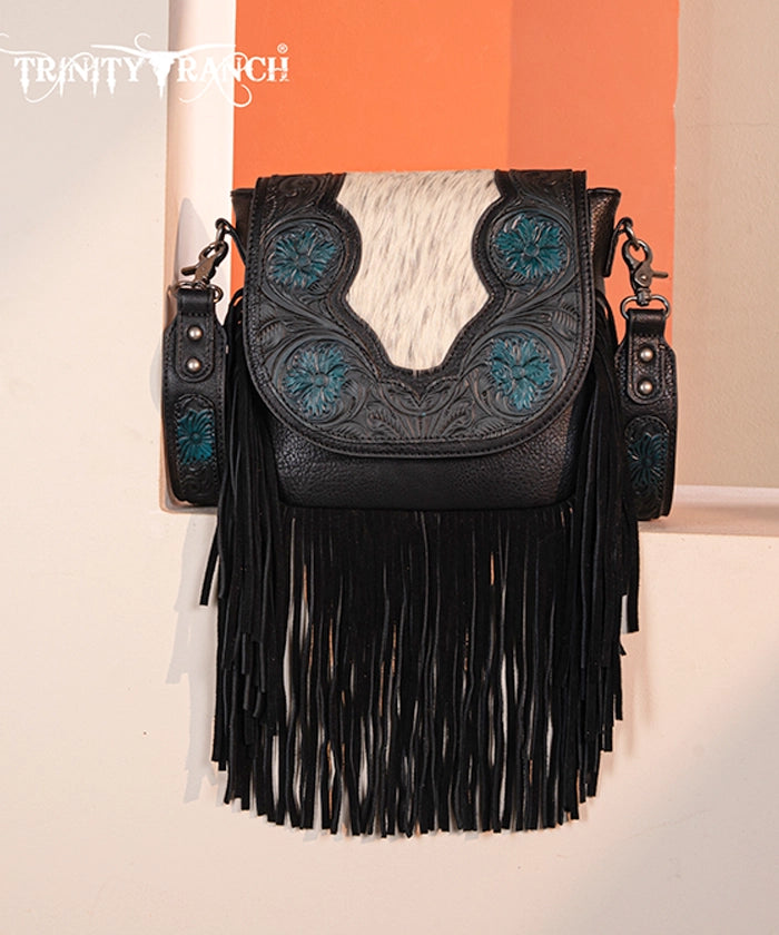Genuine Hair-On Cowhide Crossbody Bag with Tooled Fringe - Trinity Ranch Western Style Purse for Women | Perfect for Rodeo, Country Concerts & Boho Fashion