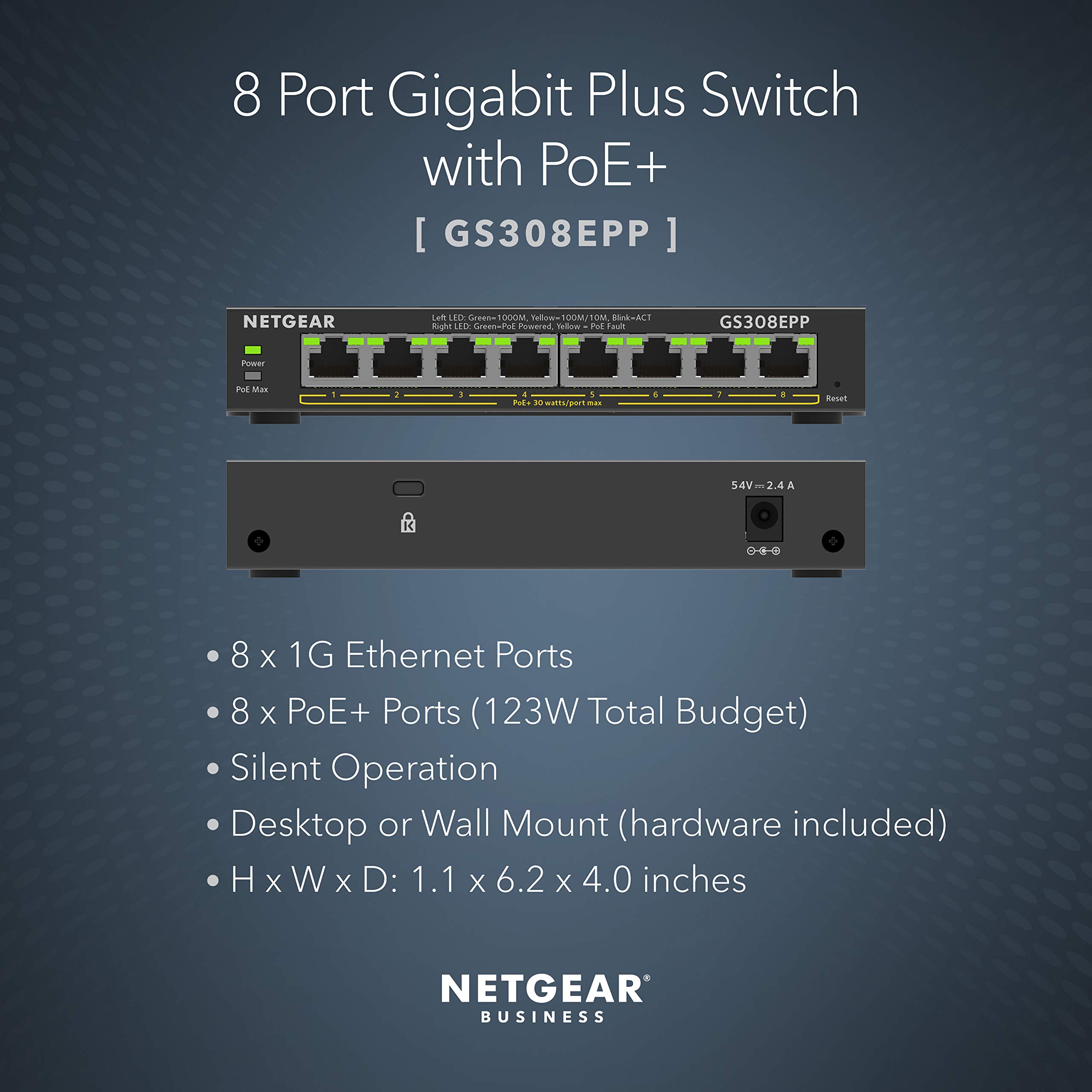 NETGEAR GS308EPP 8-Port Gigabit Ethernet PoE+ Switch with 123W Power Budget - Desktop/Wall Mount for Home Office & Small Business Network Setup