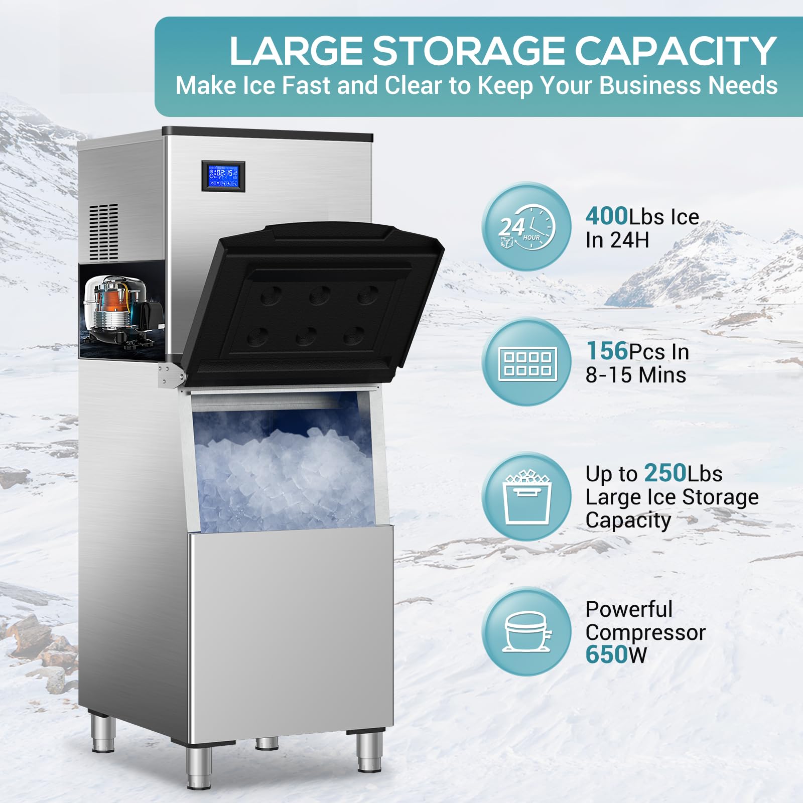 Commercial Ice Maker Machine 550Lbs/24H, Stainless Steel Industrial Ice Machine with 350Lbs Storage Bin - Makes 156 Clear Ice Cubes in 11 Minutes - Freestanding Ice Maker for Restaurants, Bars, Cafes, Hotels & Large Family Gatherings - Perfect for Cocktails, Beverages & Food Preservation