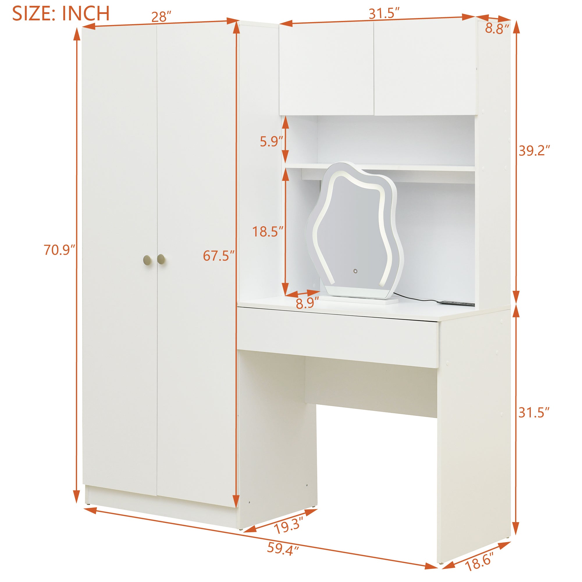 White 2-Door Wooden Storage Vanity Wardrobe with Makeup Mirror & Drawers - Bedroom Organizer for Clothes, Jewelry & Cosmetics | Perfect for Small Spaces & Master Bedrooms