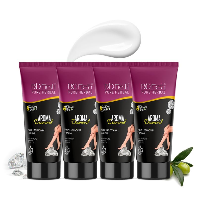 BIOFRESH HERBALS Diamond Hair Removal Cream - Painless Bikini, Body & Underarms Hair Remover for Sensitive Skin - All Skin Types - 60g (Pack of 4) - Gentle Hair Removal for Women & Men at Home, Salon & Travel Use