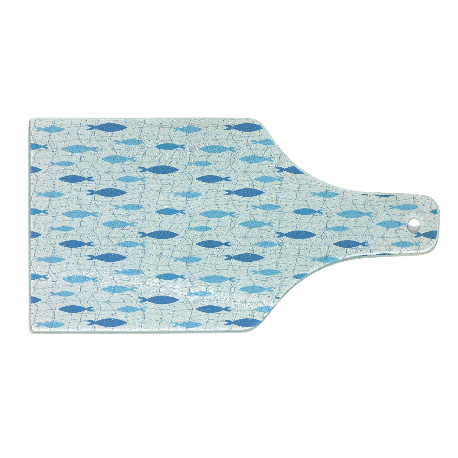 Ambesonne Fish-Shaped Tempered Glass Cutting Board with Polka Dot Fish Net Design - Blue, Pale Blue & White Abstract Animal Silhouette - Decorative Serving Tray for Kitchen, Party & Wine Bottle Display