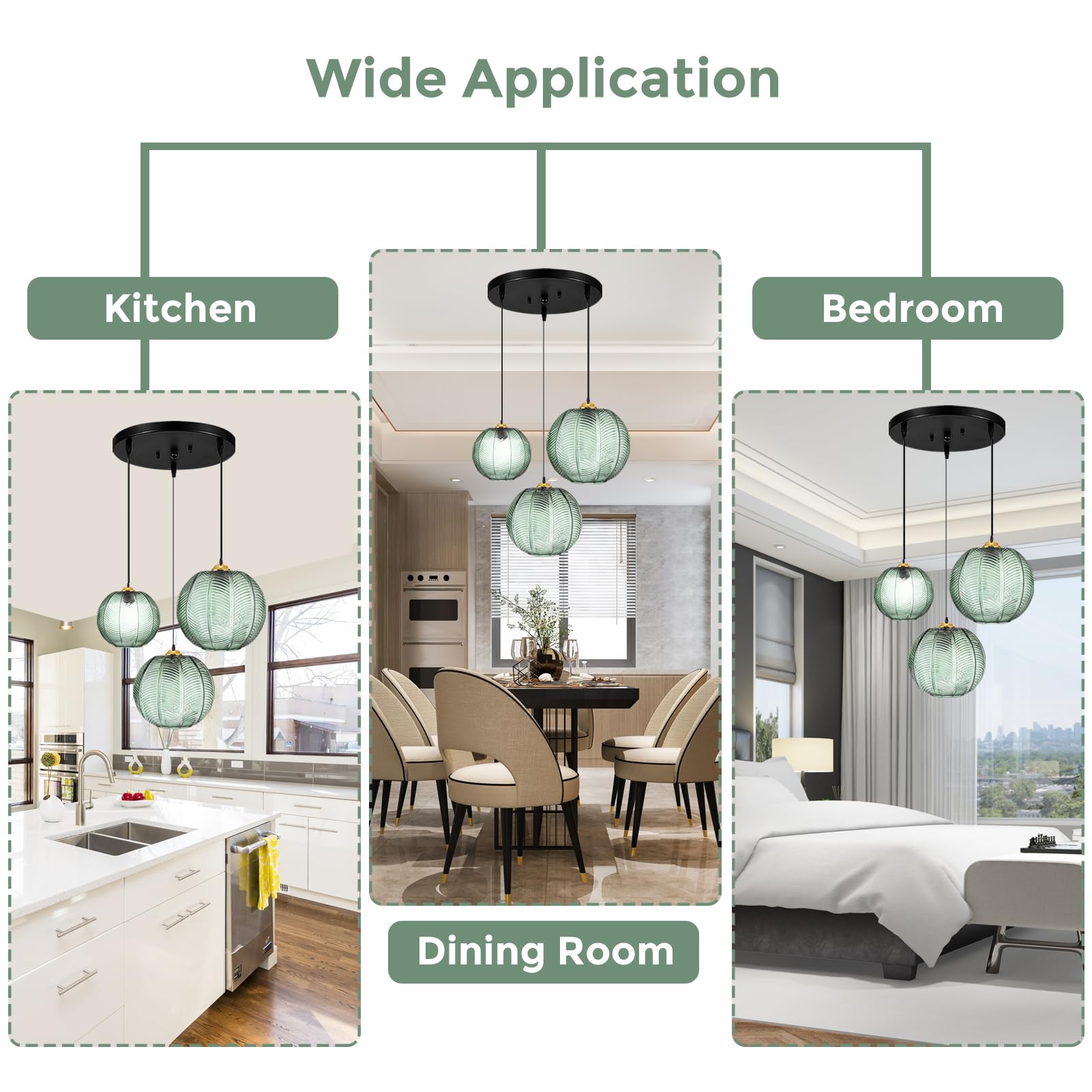 GXF 3 in 1 Green Glass Pendant Light Fixtures - E26 E27 Large Glass Chandelier with Ribbed Blown Glass Globe Shade - Mid Century Modern Hanging Ceiling Light for Living Room, Restaurant, Bar & Cafe Lighting Decor