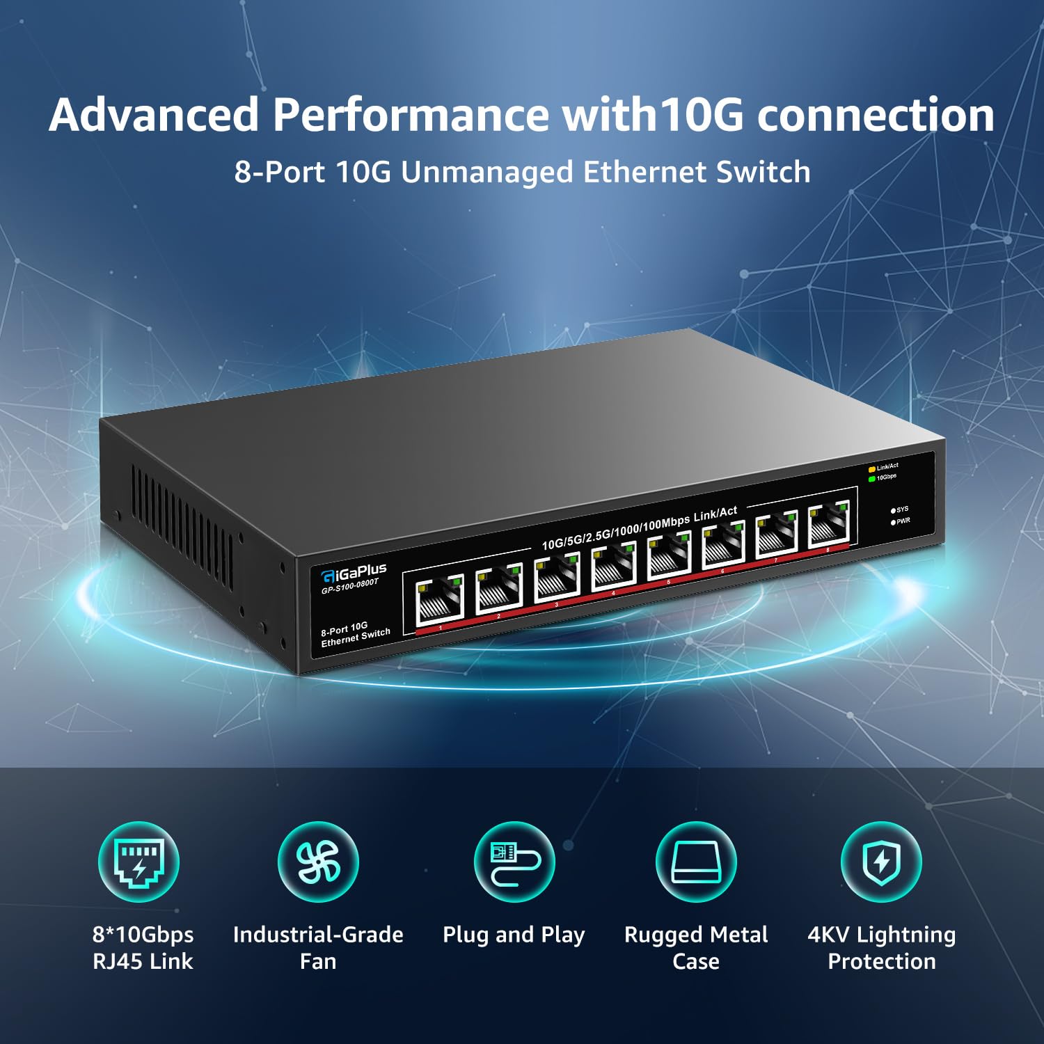 10Gb Ethernet Switch Unmanaged - 8 Port 10Gbe Base-T Network Switch for 10Gbps NAS, WiFi 7 Router & 10Gbps Adapter - Desktop/Rack Mount - Plug & Play - Ideal for Home Office & Data Center Networking