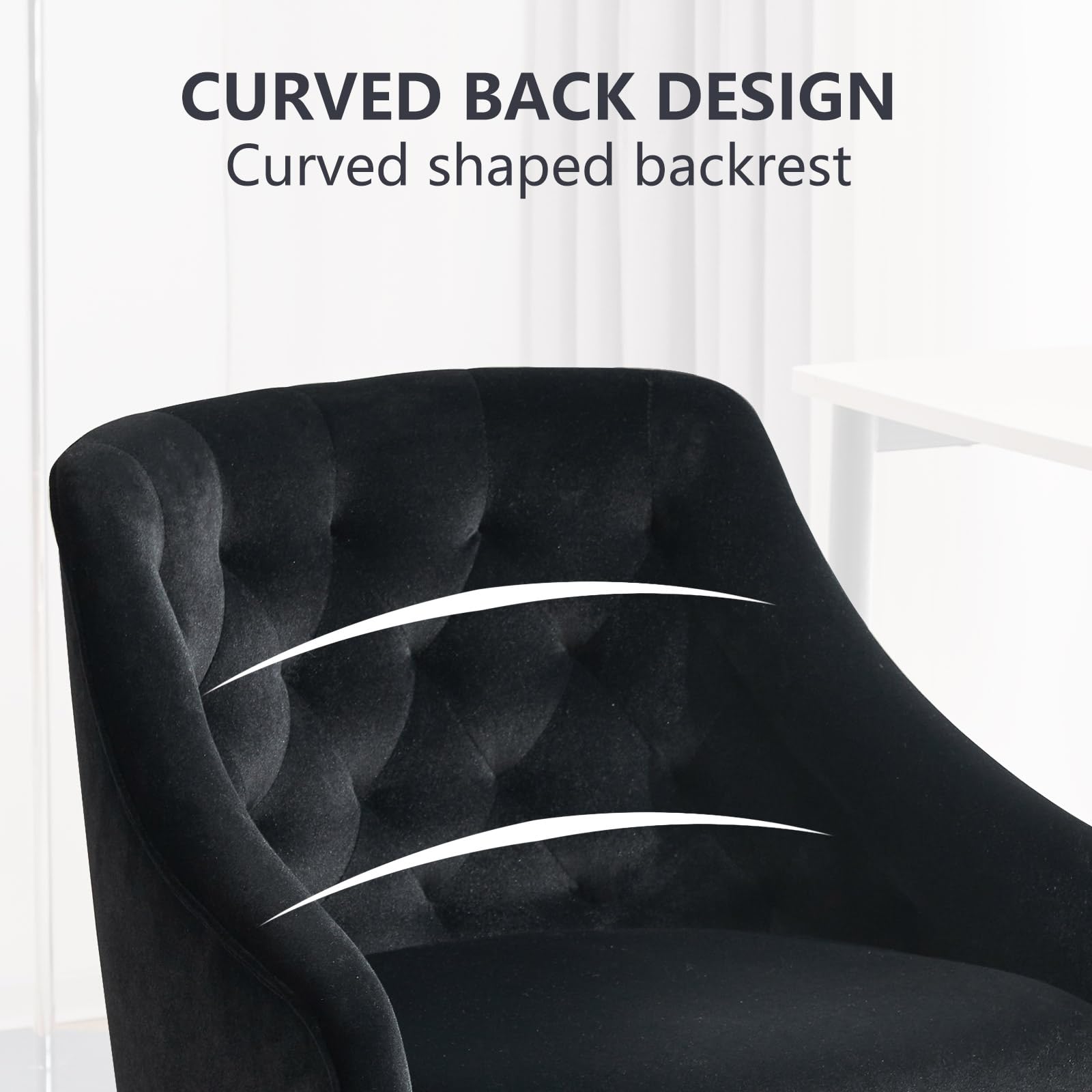 MOJAY Velvet Office Swivel Chair - Adjustable Height 360° Rotating Desk Chair with Gold Base, Luxurious Fabric Upholstery for Women's Workspace, Reception Area or Home Office (Black) - Perfect for Working, Studying & Video Conferencing