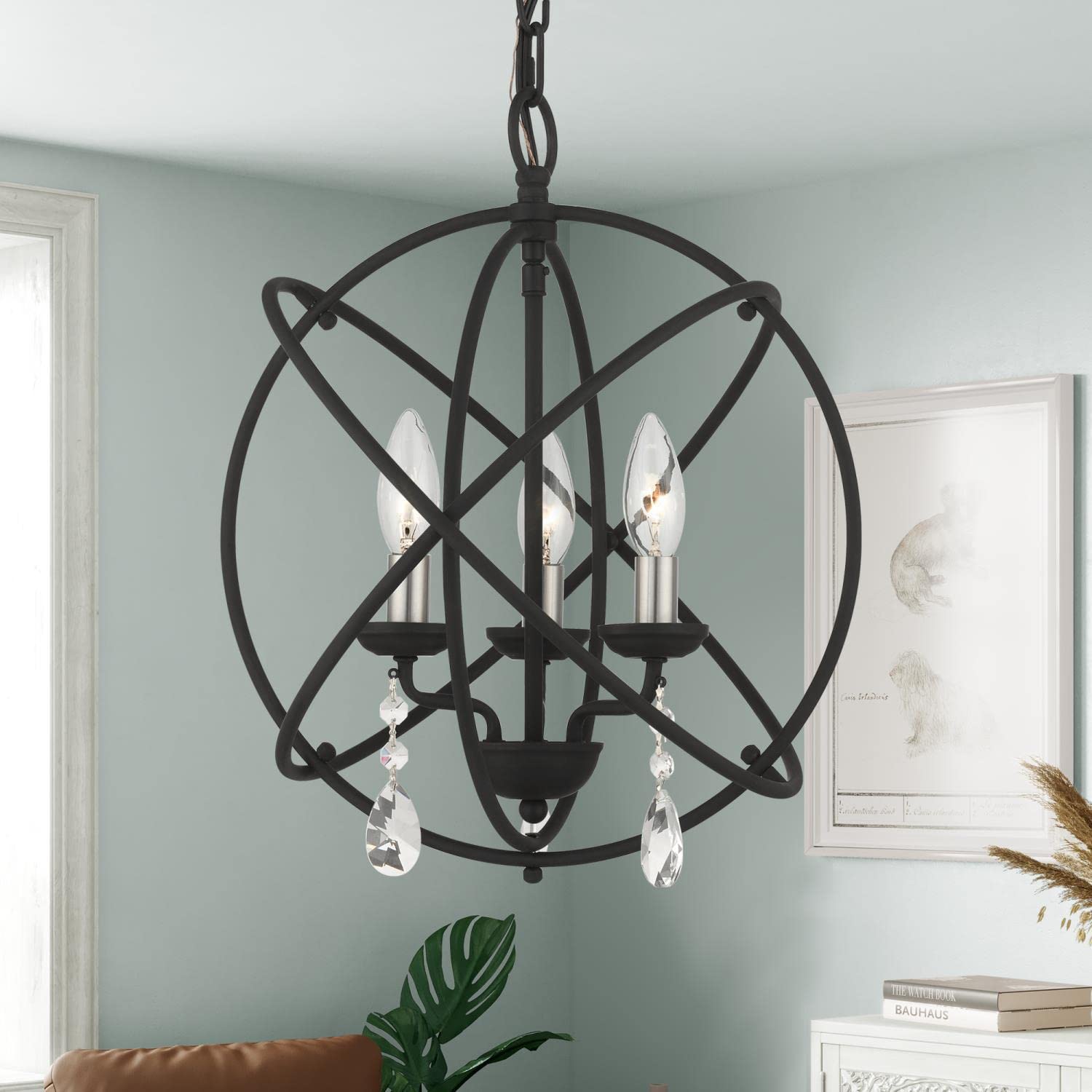 Livex Lighting Aria Convertible Pendant Chandelier/Semi-Flush Mount Light Fixture - Black with Satin Nickel Candles for Dining Room, Bedroom or Entryway Lighting