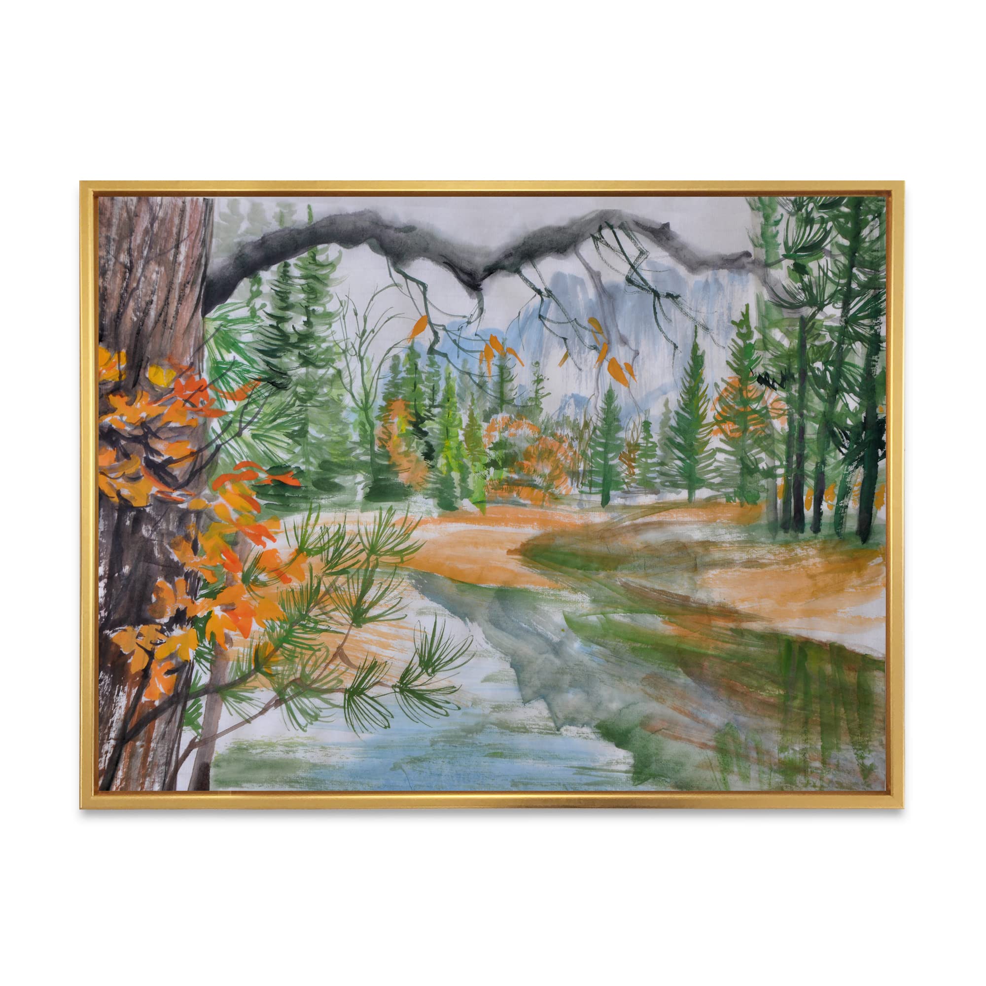 DesignQ Autumn Forest River with Trees - Framed Canvas Wall Art Print for Lake House Decor, Living Room, Bedroom & Office