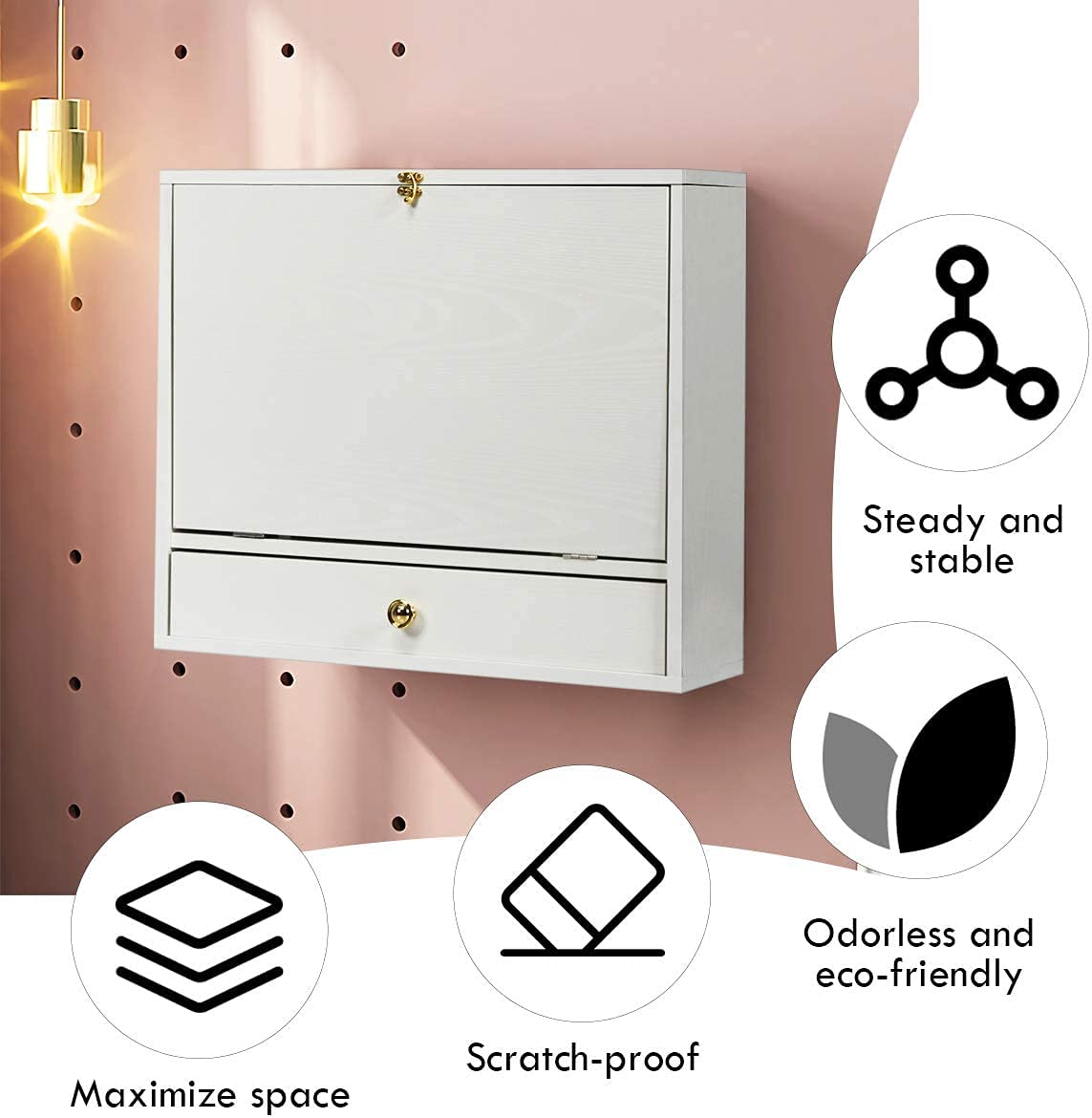 GRAFFY Wall Mounted Folding Desk with Storage Drawer & Shelves - Space Saving Home Office Computer Desk, Multifunctional Hanging Cabinet for Small Spaces - Perfect for Bedroom, Dorm, Studio Apartments (White)