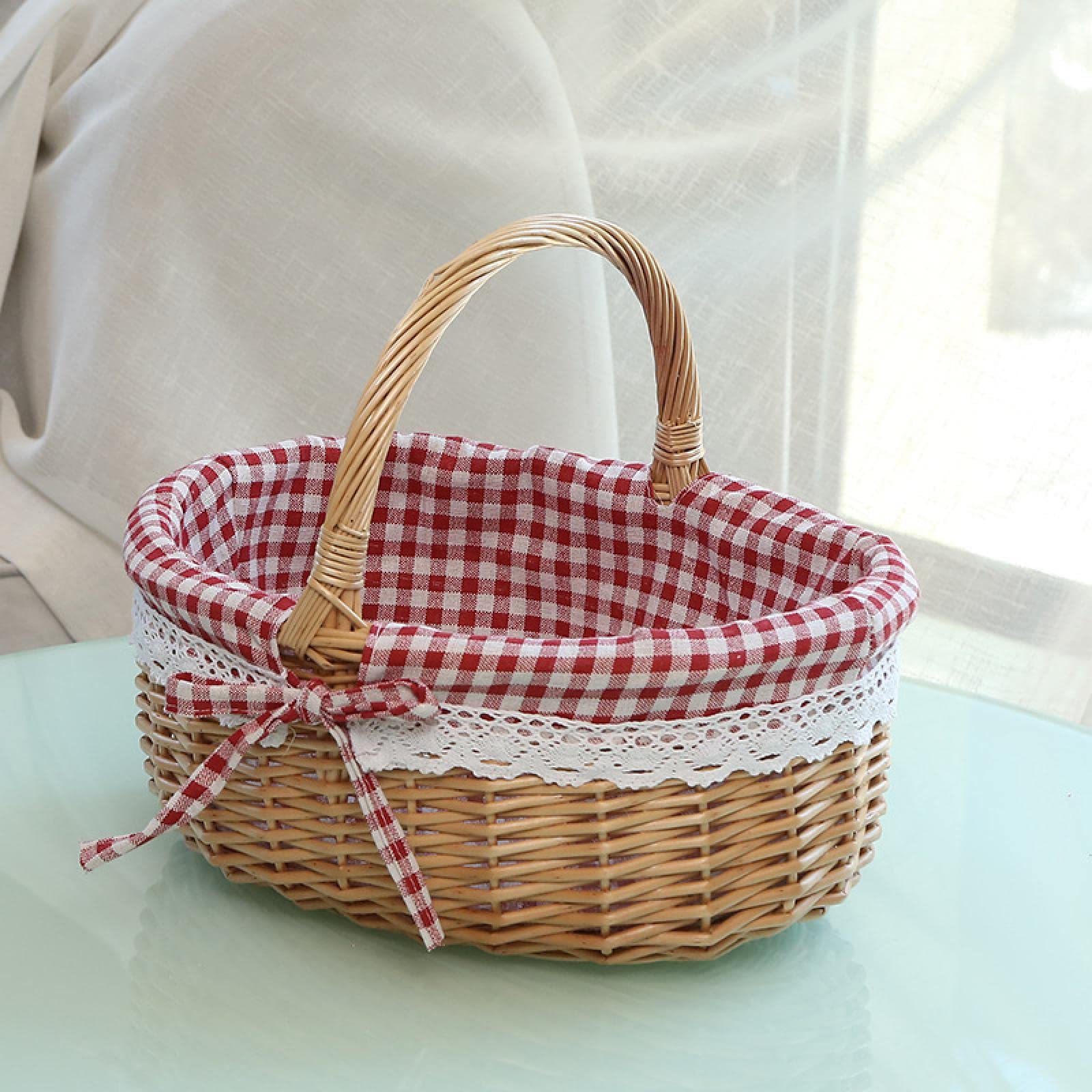 Handmade Wicker Picnic Basket with Handle - Large Red Rattan Storage Organizer for Camping, Beach, Picnics & Home Decor | Perfect for Outdoor Gatherings, Fruit Display & Household Organization