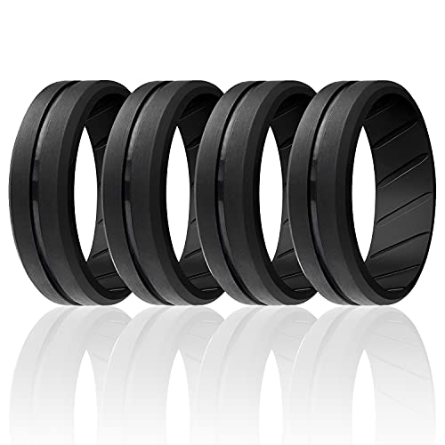 ROQ Silicone Rubber Wedding Ring for Men - Comfort Fit Breathable Band, 8mm Wide 2mm Thick with Engraved Middle Line - Multi Color Pack (Black, Gray, Blue) - Perfect for Gym, Swimming, Travel & Outdoor Activities