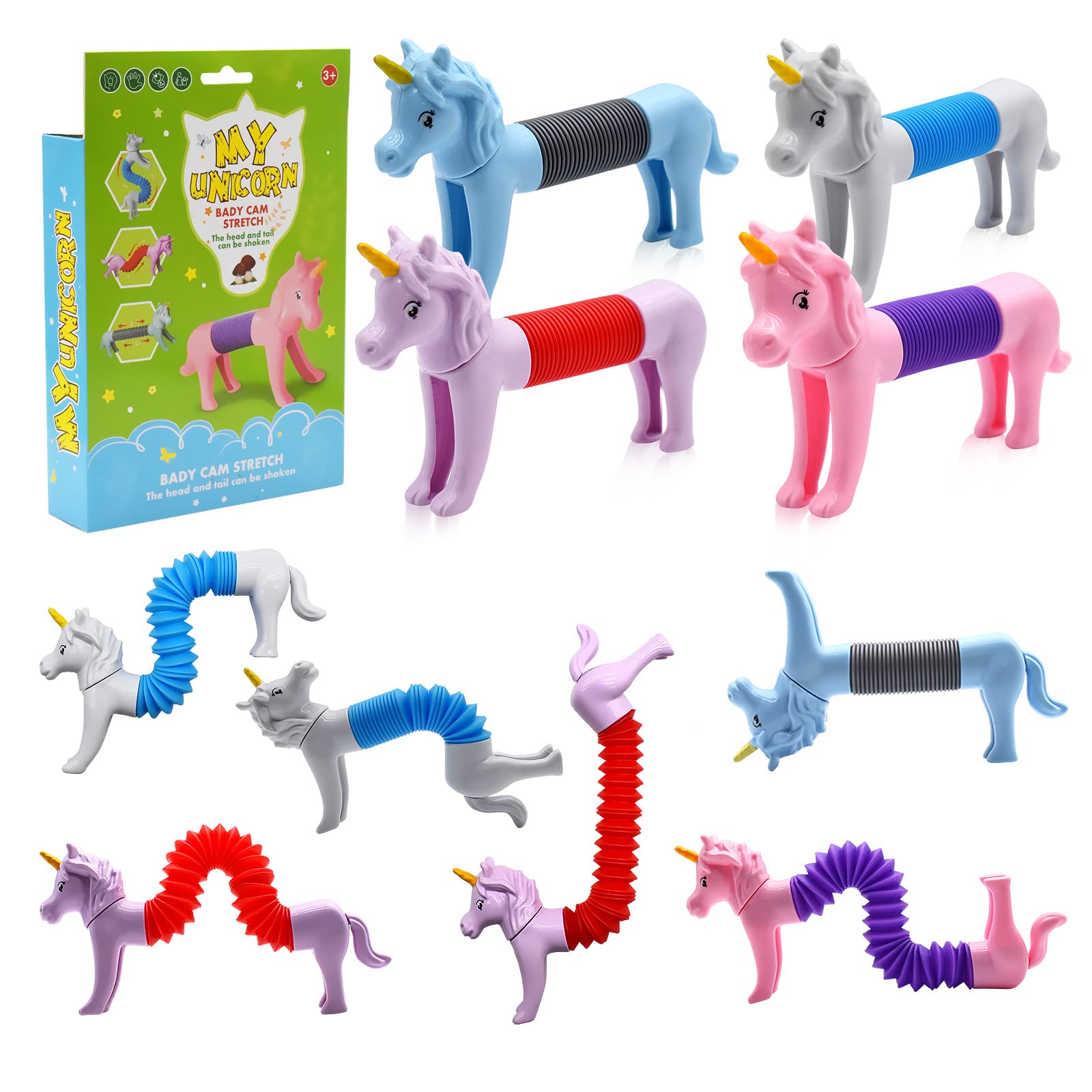 4 Pack Unicorn Pop Tube Fidget Toys for Kids - Stretchy Sensory Toys with Popping Sounds, Stress Relief & Anxiety Toys for Toddlers Ages 1-12 (Boys & Girls) - Perfect for Classroom, Travel & Calming Activities