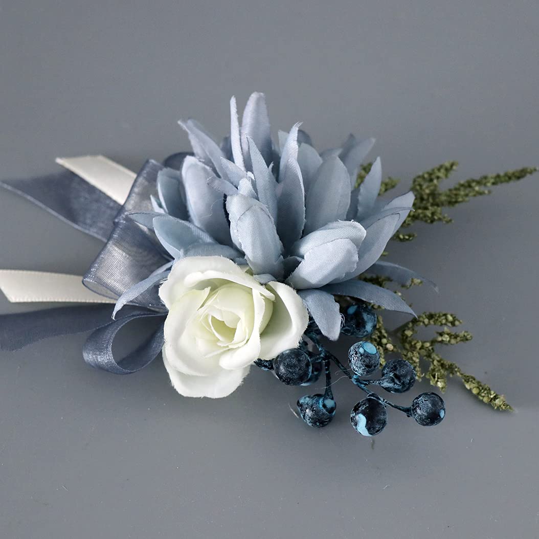 10 Inches Burgundy Navy Blue Rose Bouquet - Handmade Real Touch Bridal Flowers for Wedding, Engagement, Anniversary & Vow Renewal (Corsage) - Perfect for Bridal Shower, Photo Props and Romantic Decorations