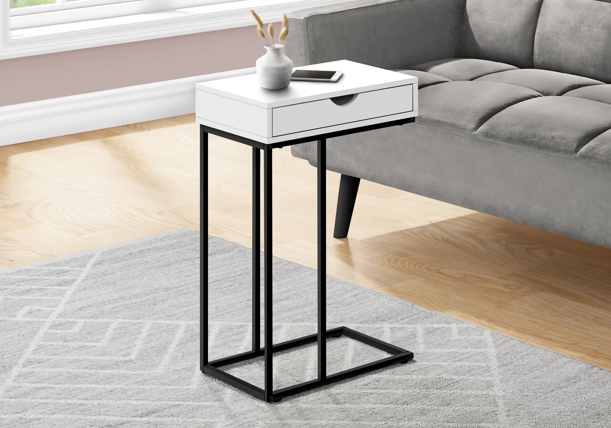 Modern Accent Table - 25 Inch Height in White Finish with Black Metal Legs - Perfect for Living Room, Bedroom, or Entryway Decor