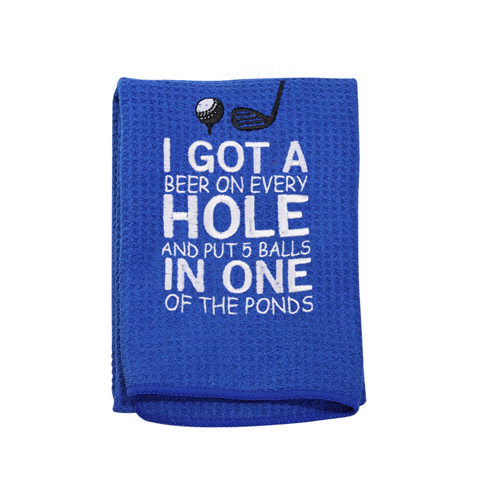 PXTIDY Embroidered Golf Towel for Men - 'I Got A Beer On Every Hole' Funny Golf Gift with Clip - Perfect for Golf Lovers & Beer Enthusiasts (Blue) - Great for Golf Courses, Driving Ranges & Tailgating Parties