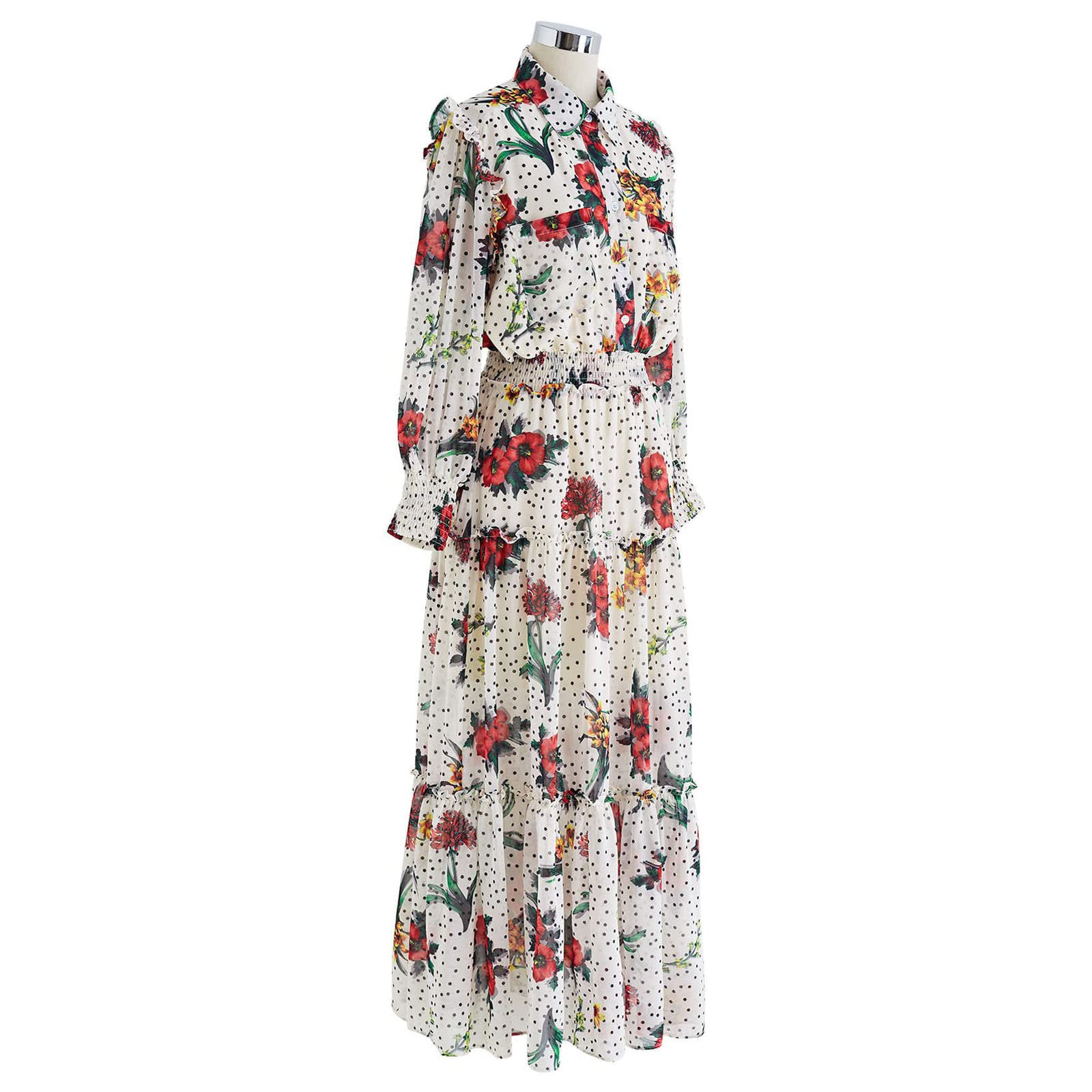 Chicwish Women's Polka Dot Floral Print Chiffon Maxi Dress - Elegant Summer Beach Wedding Party Dress with Flowy Long Skirt