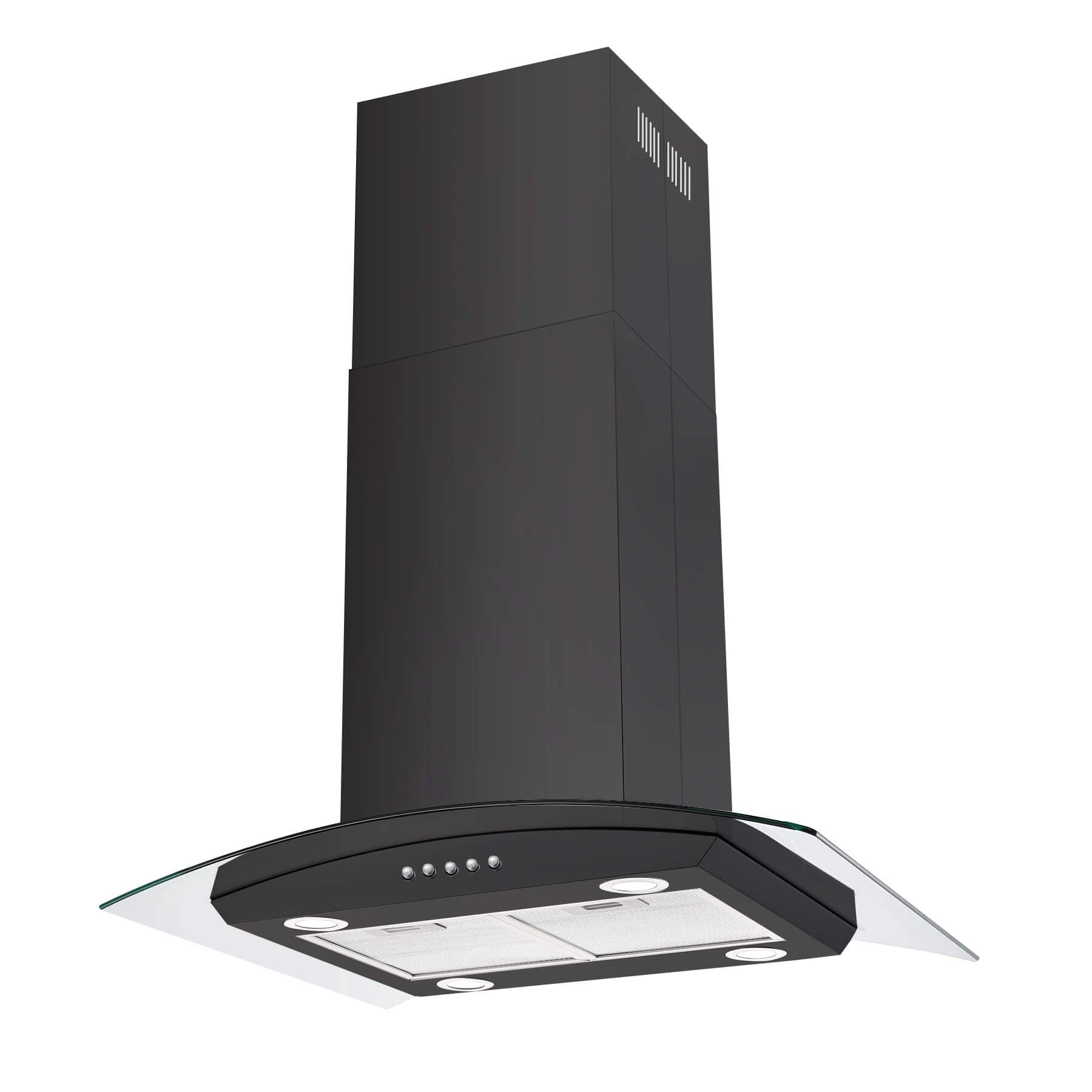 30 Inch Island Range Hood - 700CFM Black Stainless Steel Ceiling Mount Kitchen Vent Hood, Ducted/Ductless Convertible Stove Exhaust Fan with 5-Layer Filters & Curved Tempered Glass - Perfect for Open Kitchen, Restaurant, and Modern Home Cooking Spaces