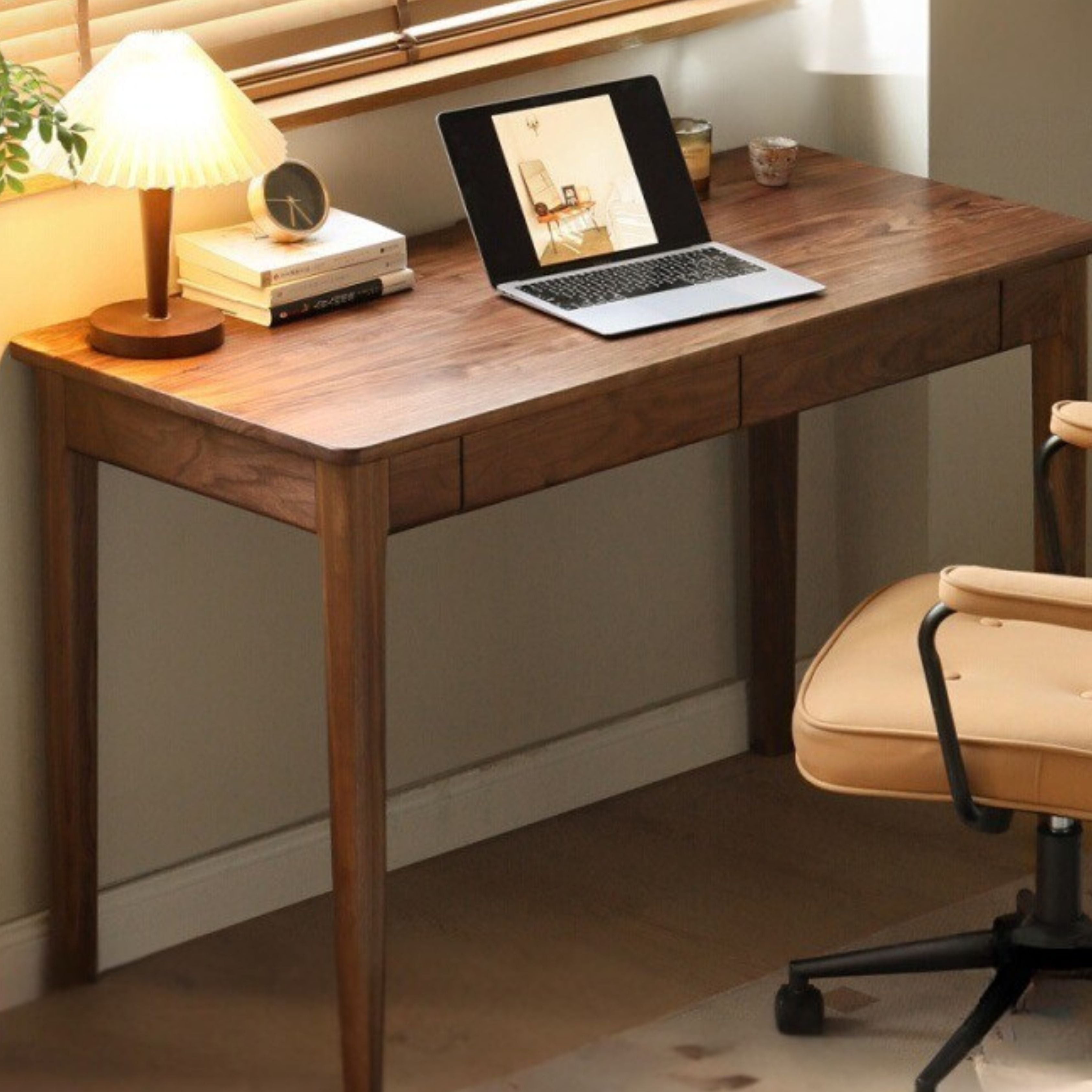 Premium Black Walnut Solid Wood Writing Desk with 3 Drawers - Modern Home Office Furniture for Study, Work & Remote Workspace
