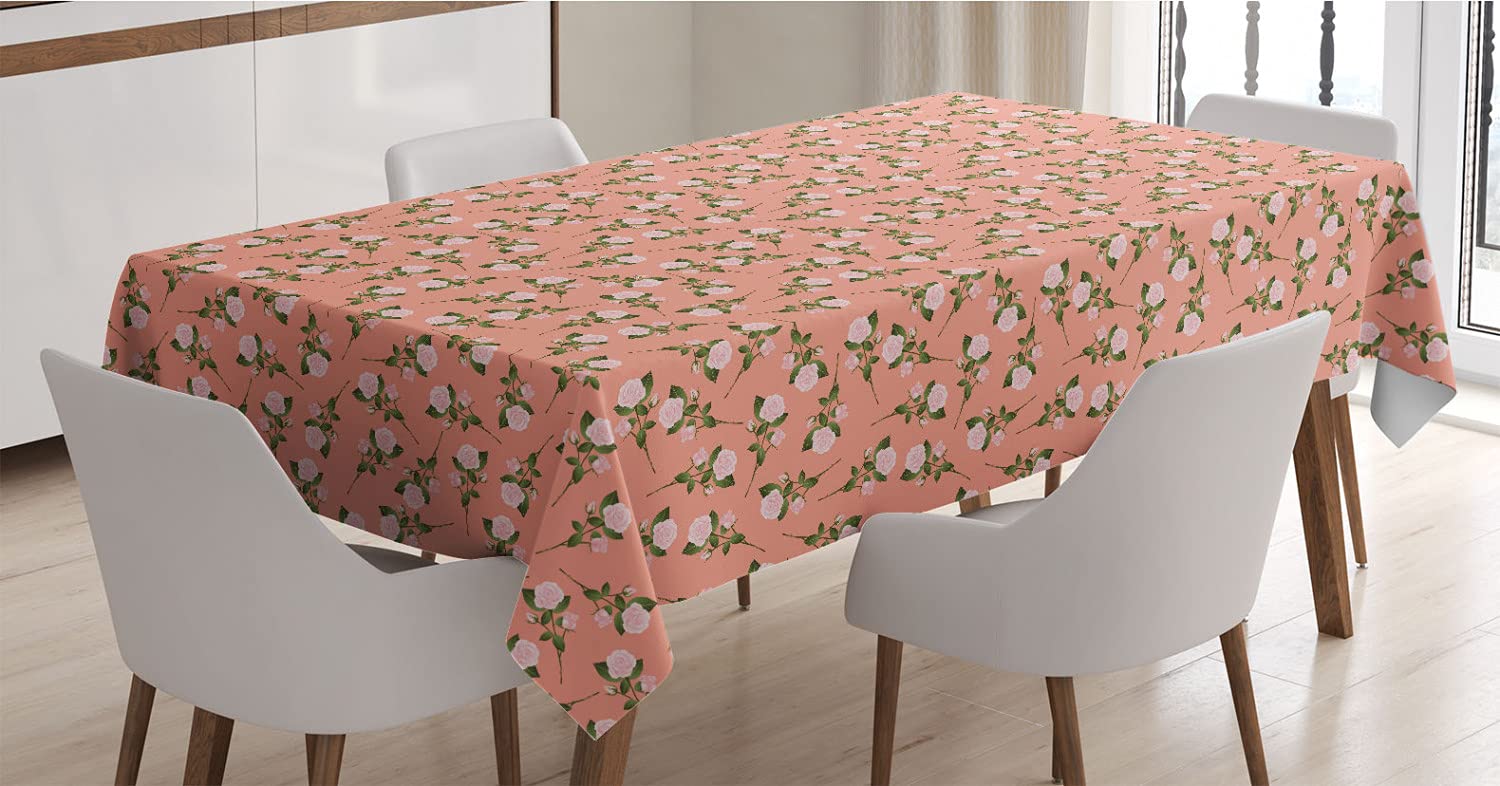 Ambesonne Floral Tablecloth - Vintage Rose Flowers with Thorns Bouquet Design, Satin Rectangle Table Cover for Dining Room & Kitchen, 60x90 Inches, Rose Olive Green Peach - Perfect for Dinner Parties, Holiday Decor & Home Styling