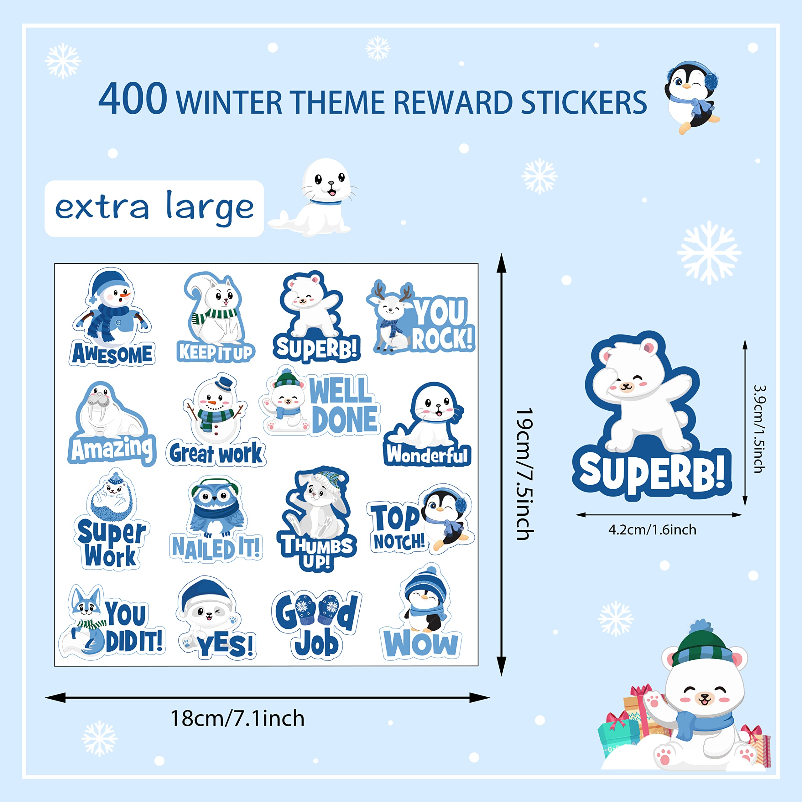400-Piece Winter Stickers for Teachers - Motivational, Inspirational, Positive Kindness Reward Labels - Cute Holiday Christmas Animal Stickers for Kids Classroom, Homework, Tests & Assignments - Perfect for Winter Activities, School Projects & DIY Crafts