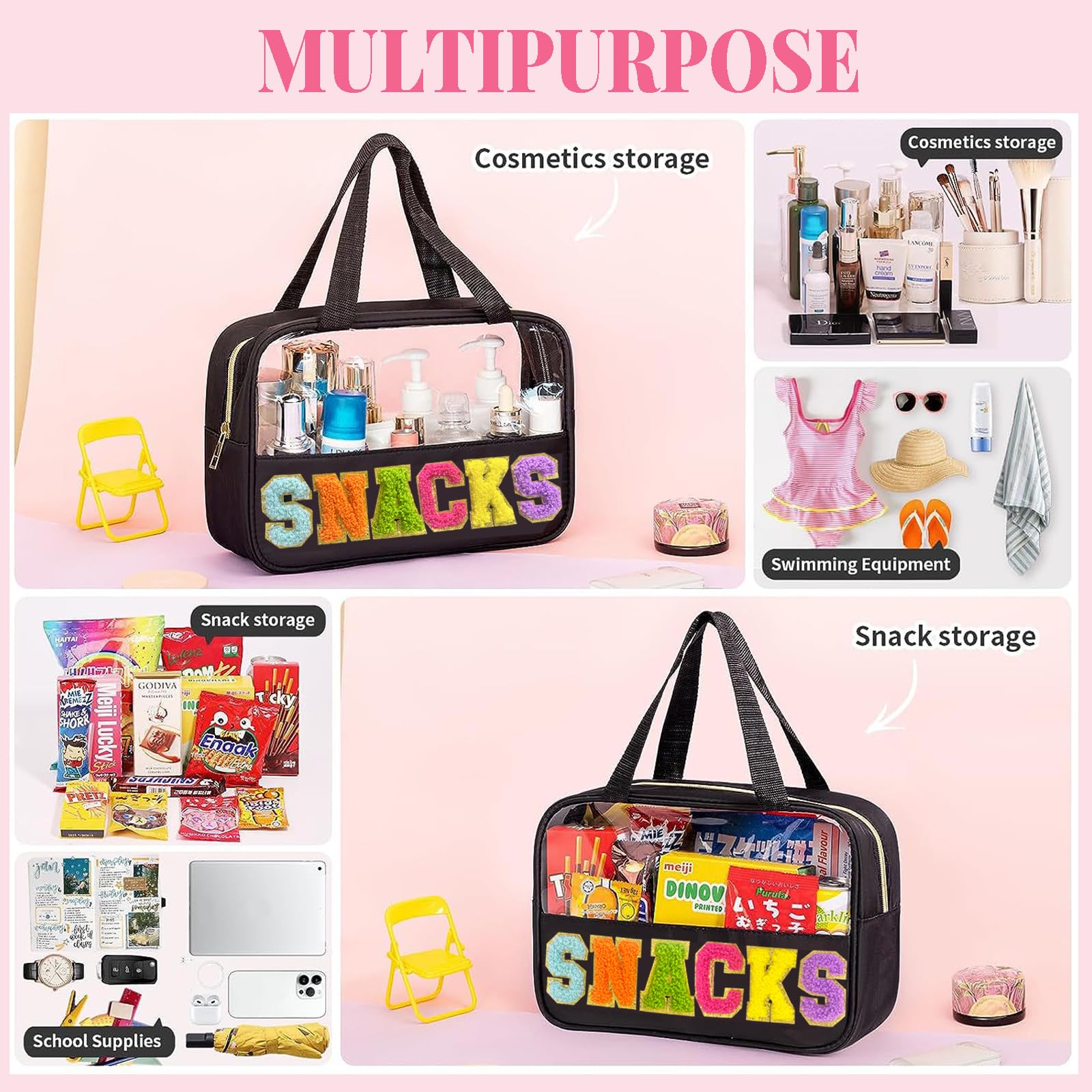 Waterproof Nylon Chenille Letter Snack Bag with Handle & Zipper - Clear Portable Travel Pouch for Women, Perfect for School Lunches, Gym Snacks, Makeup Storage & Beach Essentials