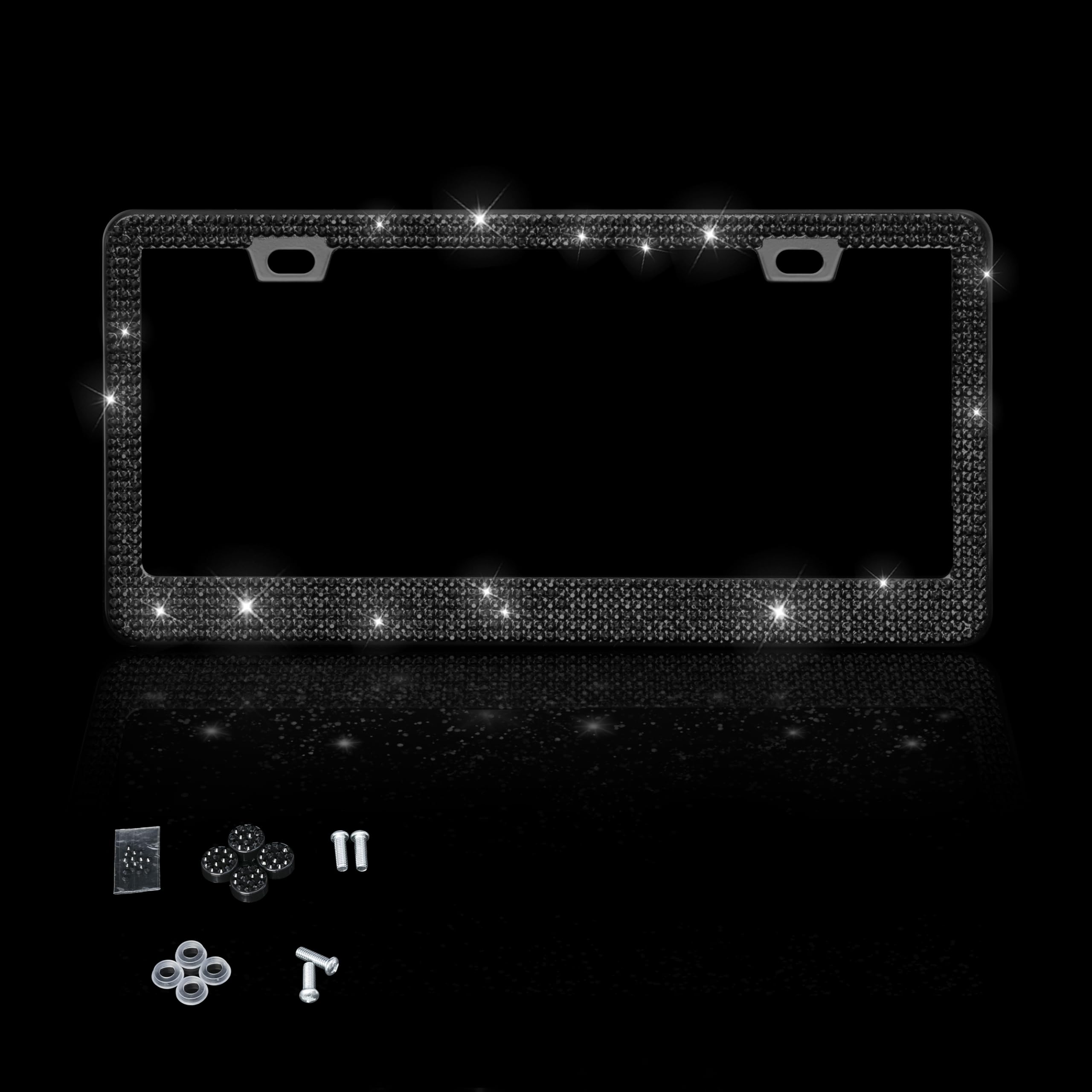 Sparkly Glitter License Plate Frame with Rhinestone Crystals - 1 Pack Bedazzled Car Accessory for Women, Party & Birthday Gift - Perfect for Night Out, Car Shows & Glamorous Vehicle Customization (Black)