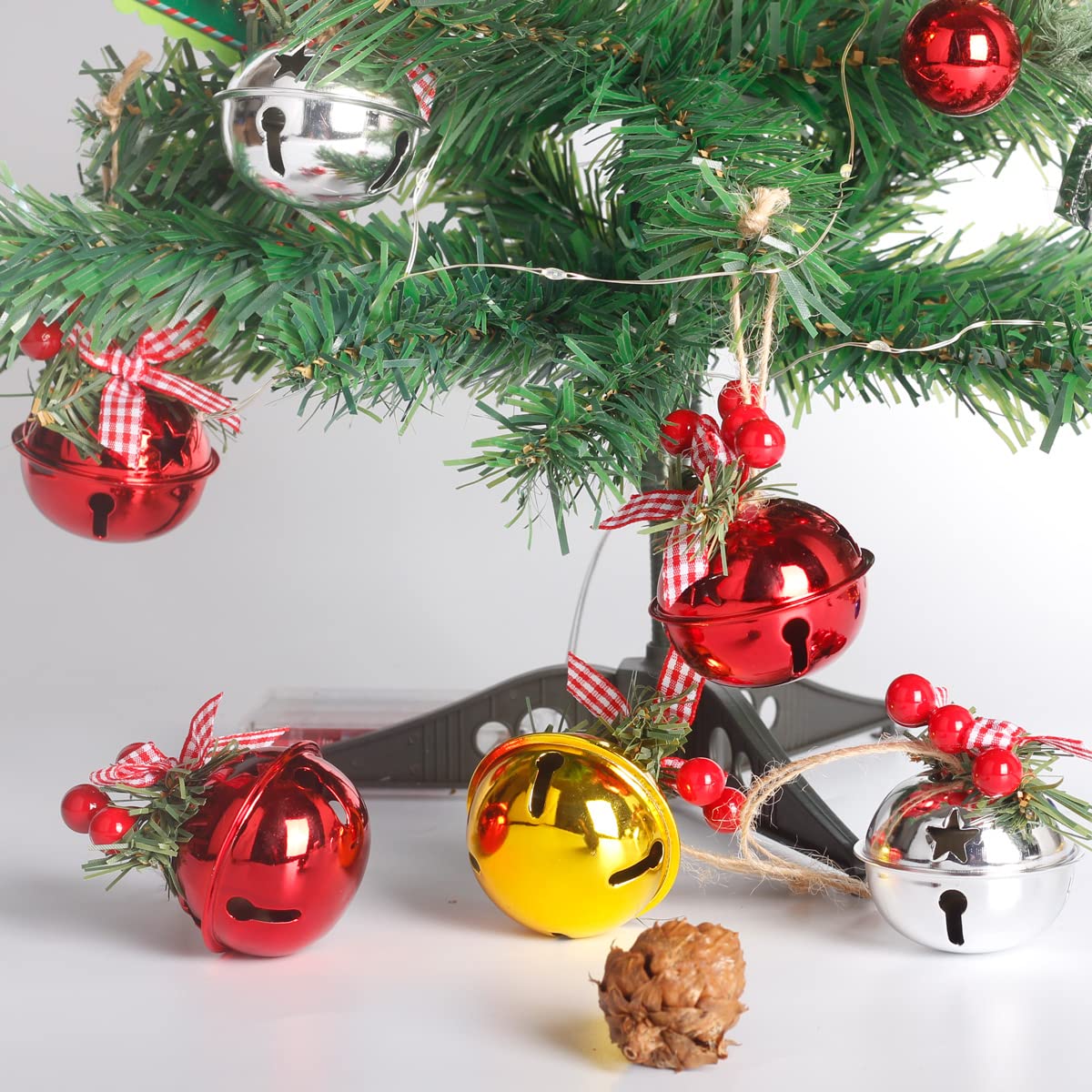 18 Pcs 5CM Red Christmas Tree Bells with Pine Needle Berry Bows - Festive Holiday Decorations for Xmas Tree, Home, Office & Party Decor