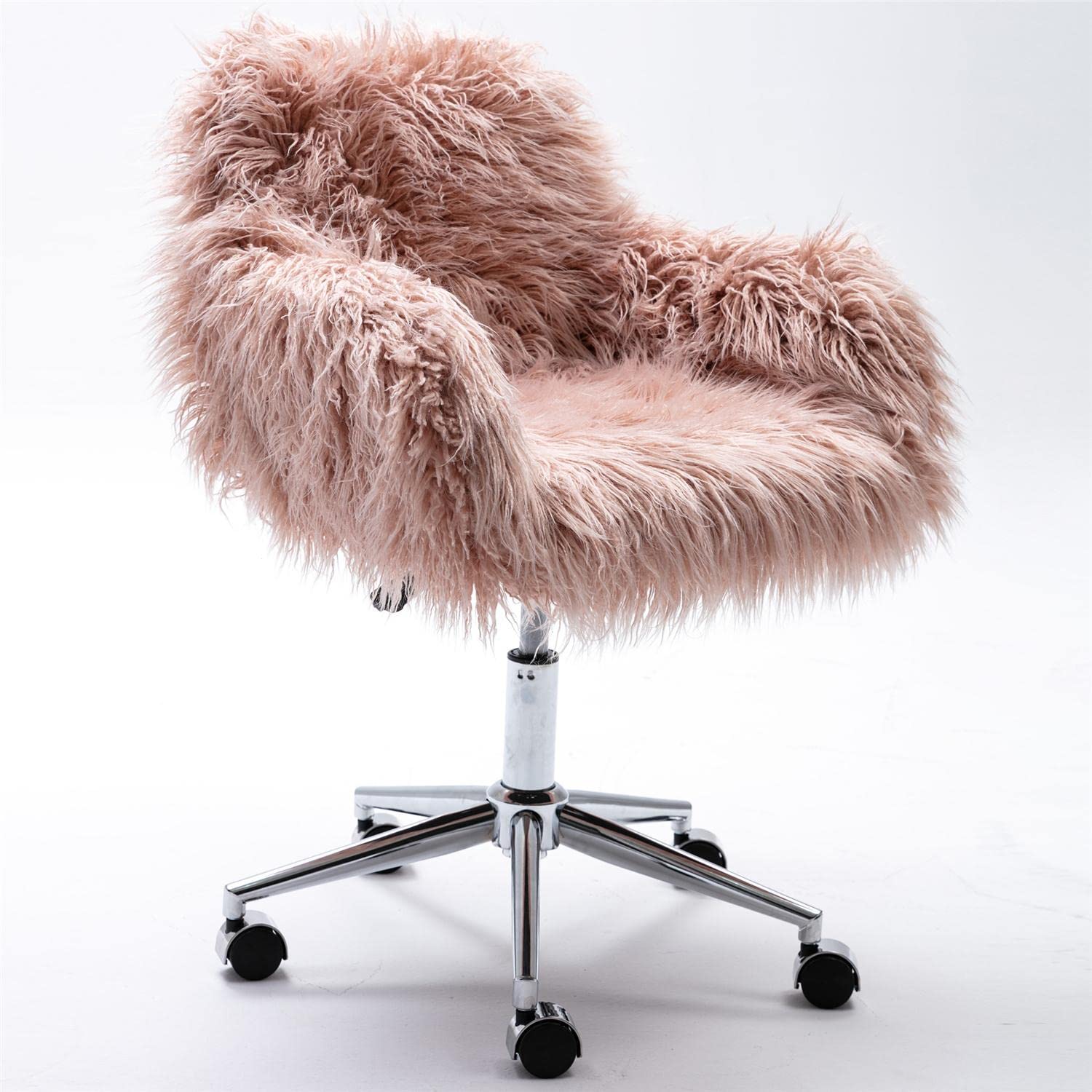 **Pink Fluffy Desk Chair for Girls - Modern Faux Fur Office Chair with Wheels, Height Adjustable Swivel Vanity Chair for Bedroom, Living Room & Makeup Station - Soft Accent Chair for Study, Gaming & Home Decor**