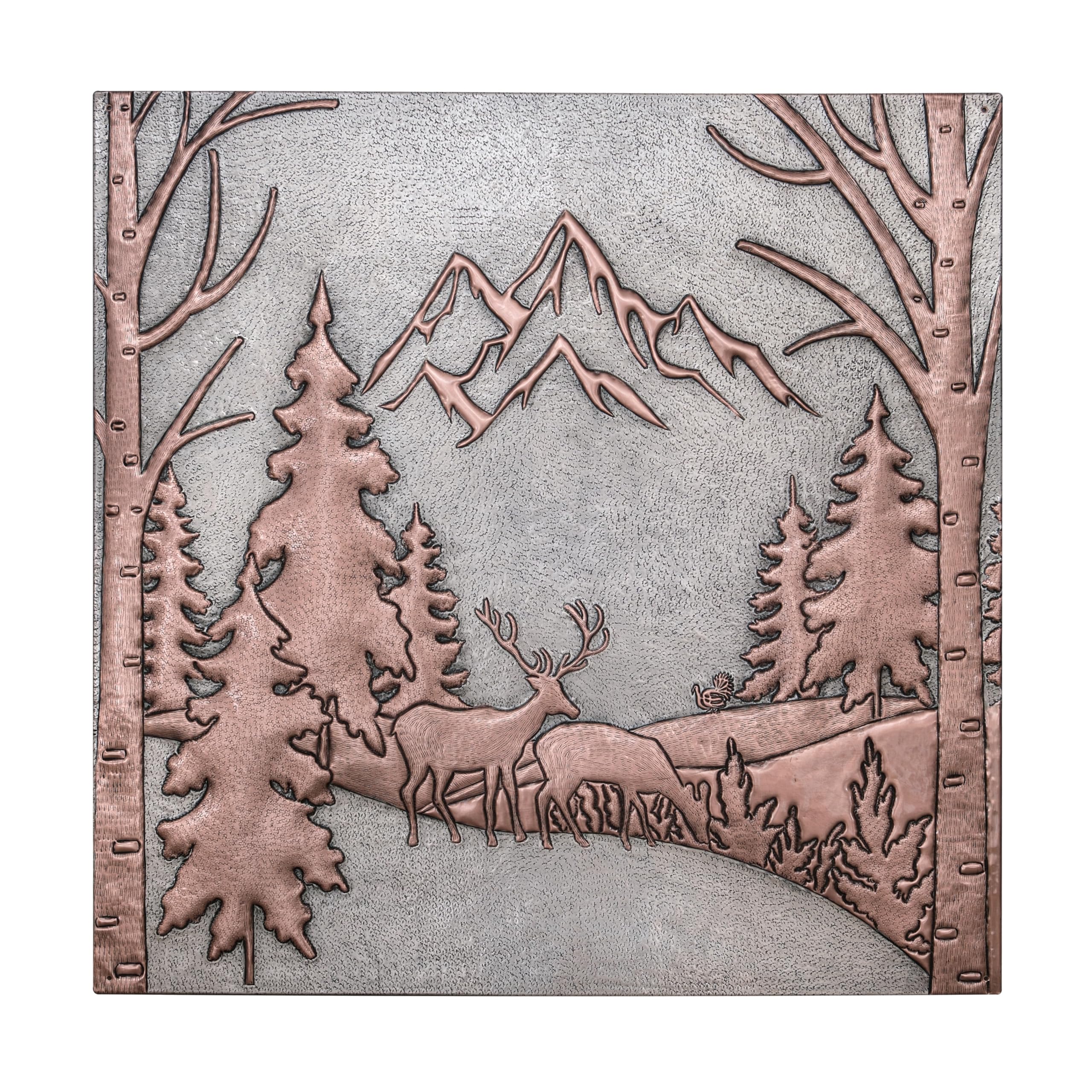 Handmade Custom Copper Kitchen Backsplash Panel - Pine Trees & Mountain Scenery with Deer Design - Indoor/Outdoor Wall Decor for Rustic Cabin, Farmhouse, or Modern Kitchen (Gray & Copper Finish)