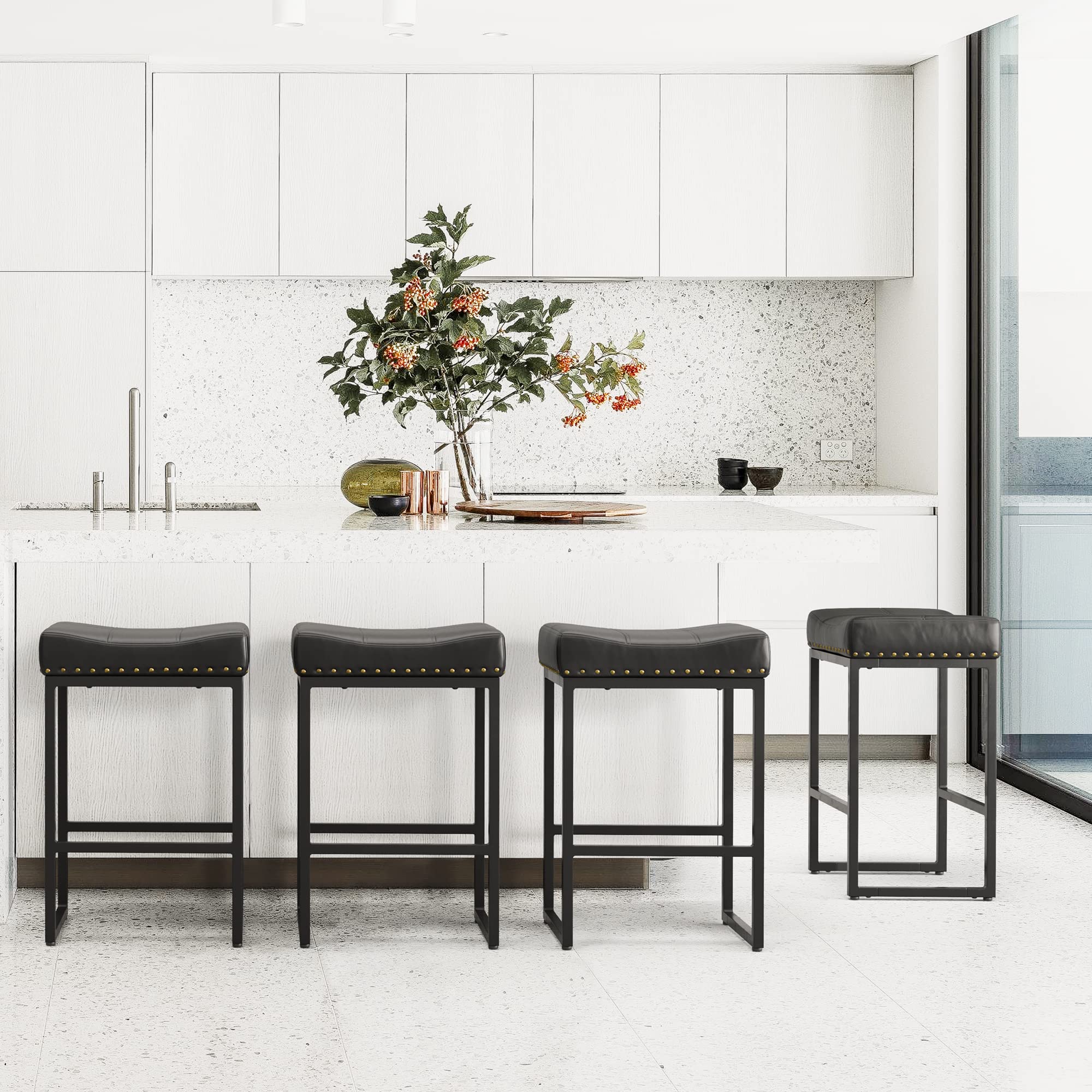 LUE BONA 24 Inch Square Saddle Bar Stools Set of 4 - Ergonomic Backless Counter Stools with Faux Leather Seat & Black Metal Legs for Kitchen Island, Home Bar, Bistro - Perfect for Dining, Entertaining & Small Spaces (Black)