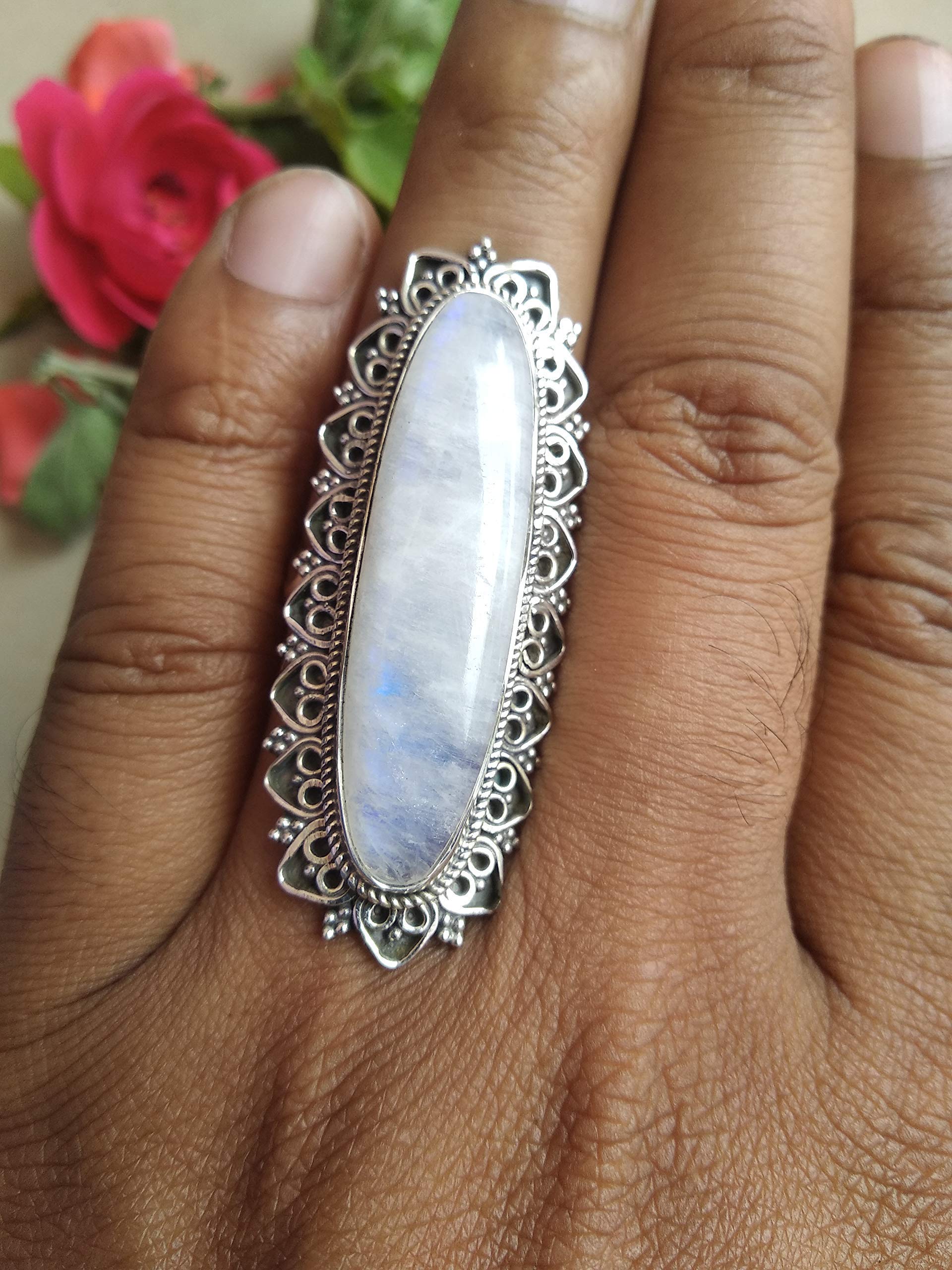 Blue Fire Moonstone Ring - Sterling Silver Statement Ring with Long Gemstone, Antique Boho Handmade Jewelry for June Birthstone, Unique Engagement & Victorian Style Ring | Perfect for Weddings, Anniversaries & Boho Fashion
