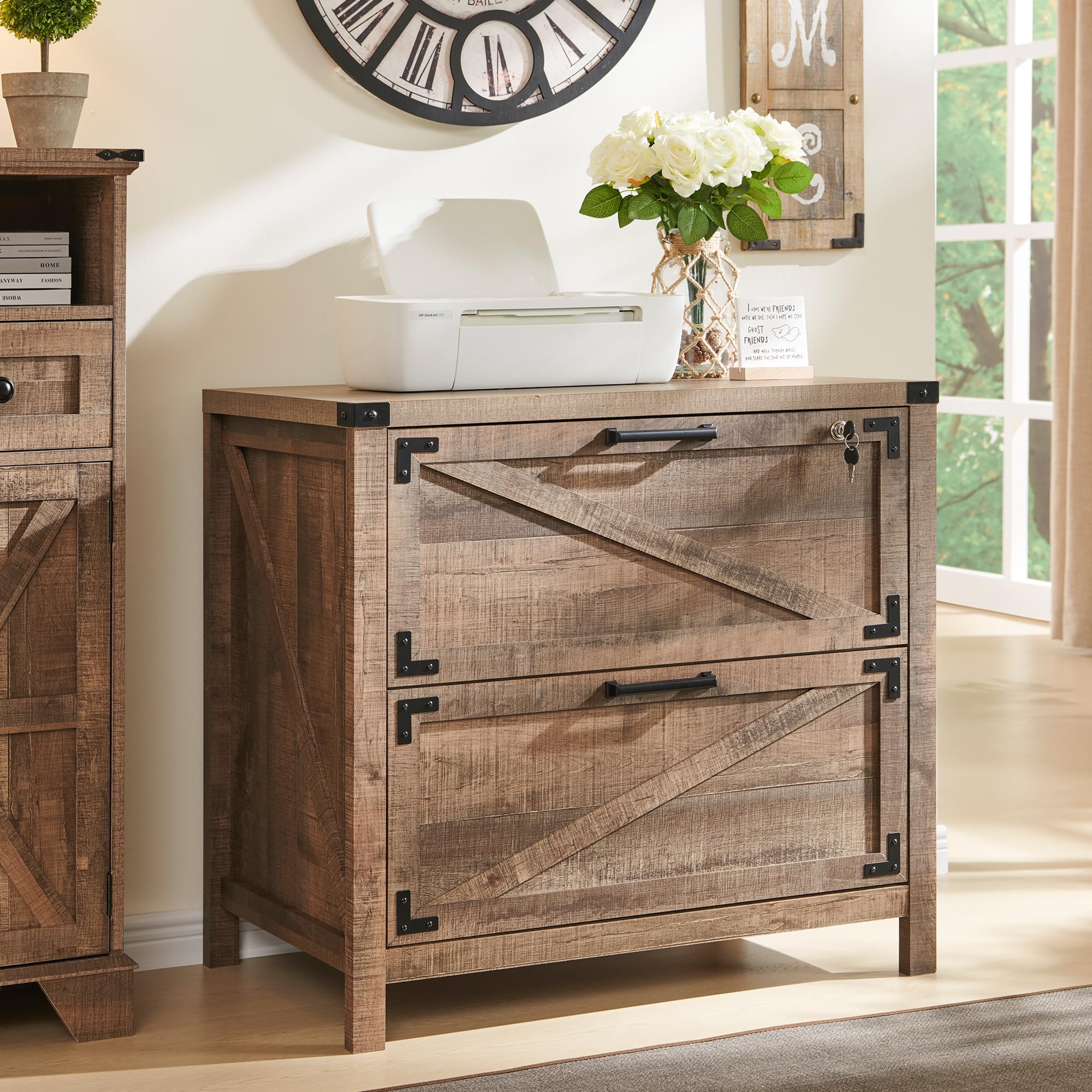 JXQTLINGMU 2-Drawer Farmhouse Lateral File Cabinet - Home Office Storage for Legal, Letter, A4 & F4 Documents - Warm Brown Wooden Filing Cabinet for Rustic Workspaces & Modern Offices