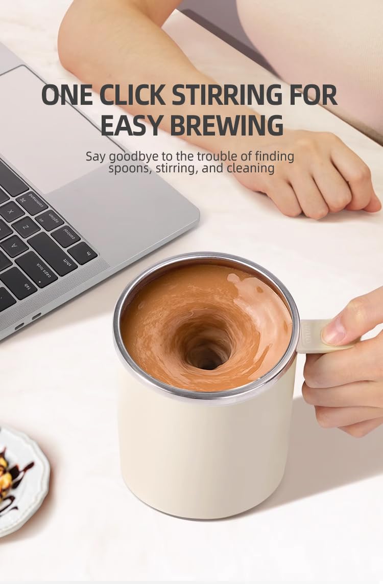 Electric Stirring Coffee Mug - Self Mixing Travel Mug for Coffee, Tea, Milk & Hot Chocolate - 12oz Insulated Stainless Steel Thermos with Auto Stirrer - Perfect for Office, Commute & Home Use (Cream White)