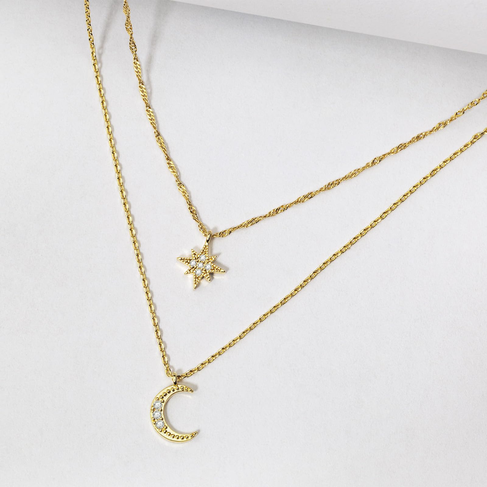 14K Gold Plated Moon and Star Pendant Necklace for Women - Dainty Layered Choker with CZ Diamonds | Trendy Gold Jewelry Gift for Her | Perfect for Date Nights, Office Wear & Special Occasions