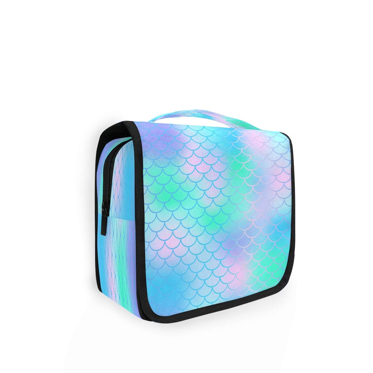 QMXO Hanging Travel Toiletry Bag - Waterproof Cosmetic Organizer with Mermaid Scales Design for Women & Girls, Portable Folding Bathroom & Gym Wash Bag - Perfect for Travel, Camping, Beach & Gym Use