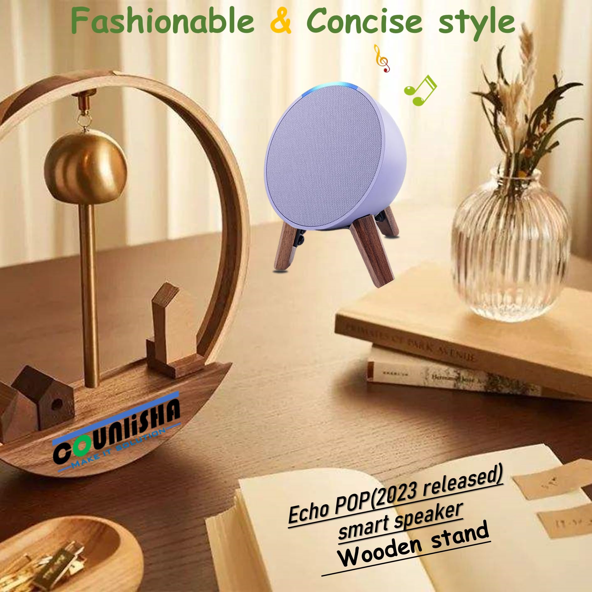 Premium Walnut Wood Stand for Echo Pop Speaker (2023 Model) - Tripod Accessories Holder for Enhanced Audio Quality | Secure & Sturdy Table Mount for Alexa Pop | Perfect for Home, Office & Kitchen Use