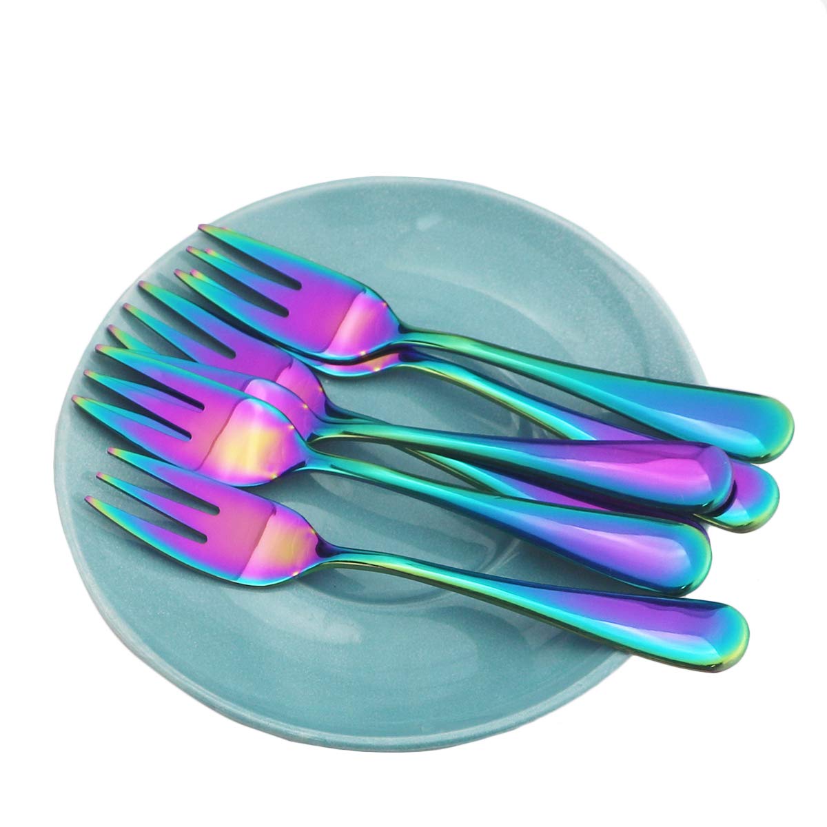 Rainbow Cake Forks Set of 6 - 5.5 Inch Stainless Steel Small Appetizer Forks - Mirror Polished Dessert Forks for Cake, Fruit, Pie, Pastry - Elegant Flatware for Parties, Weddings & Tea Time