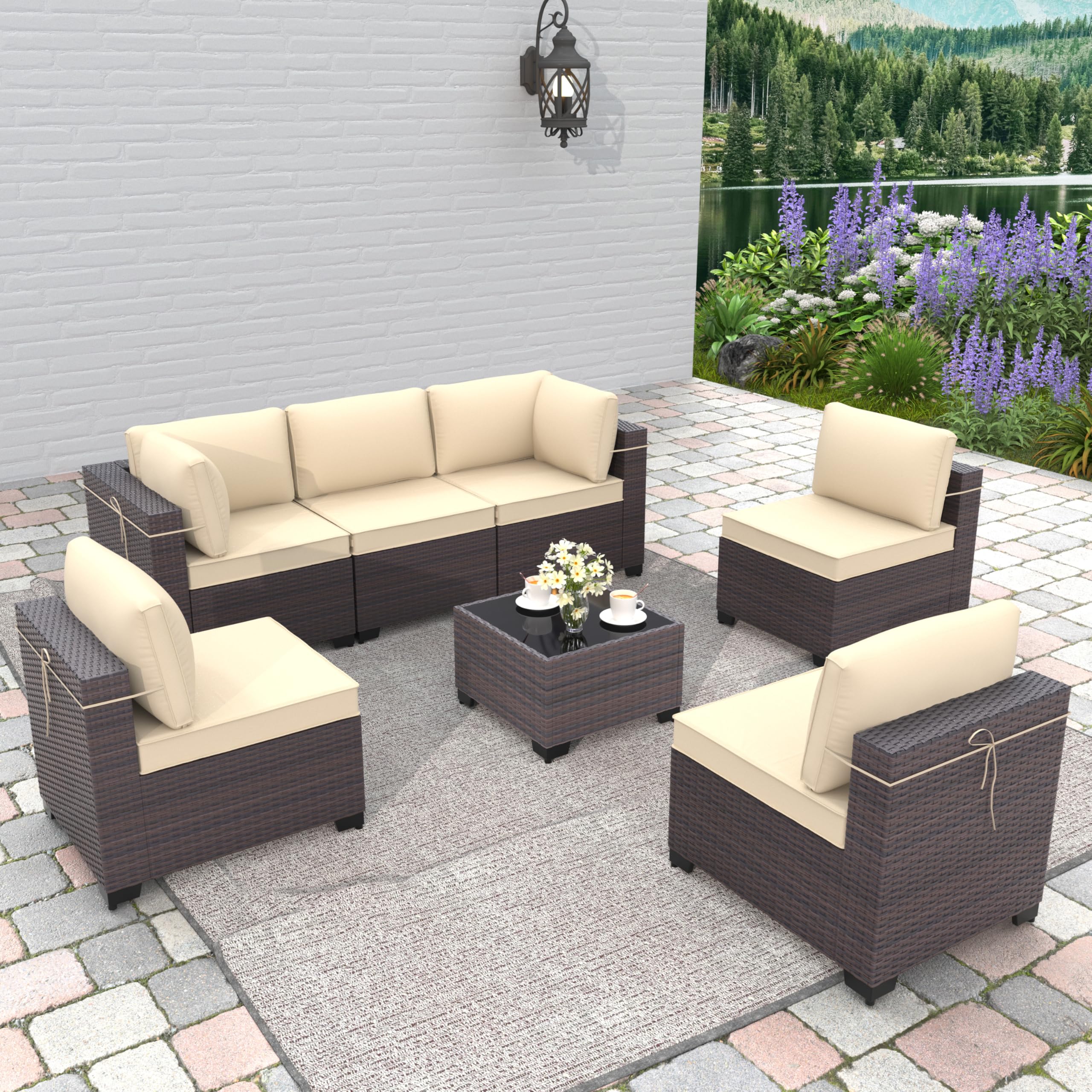 7-Piece Gotland Outdoor Patio Furniture Set - All-Weather PE Wicker Sectional Sofa with Replaceable Khaki Cushions & Coffee Table - Perfect for Backyard, Garden, Poolside or Deck Relaxation
