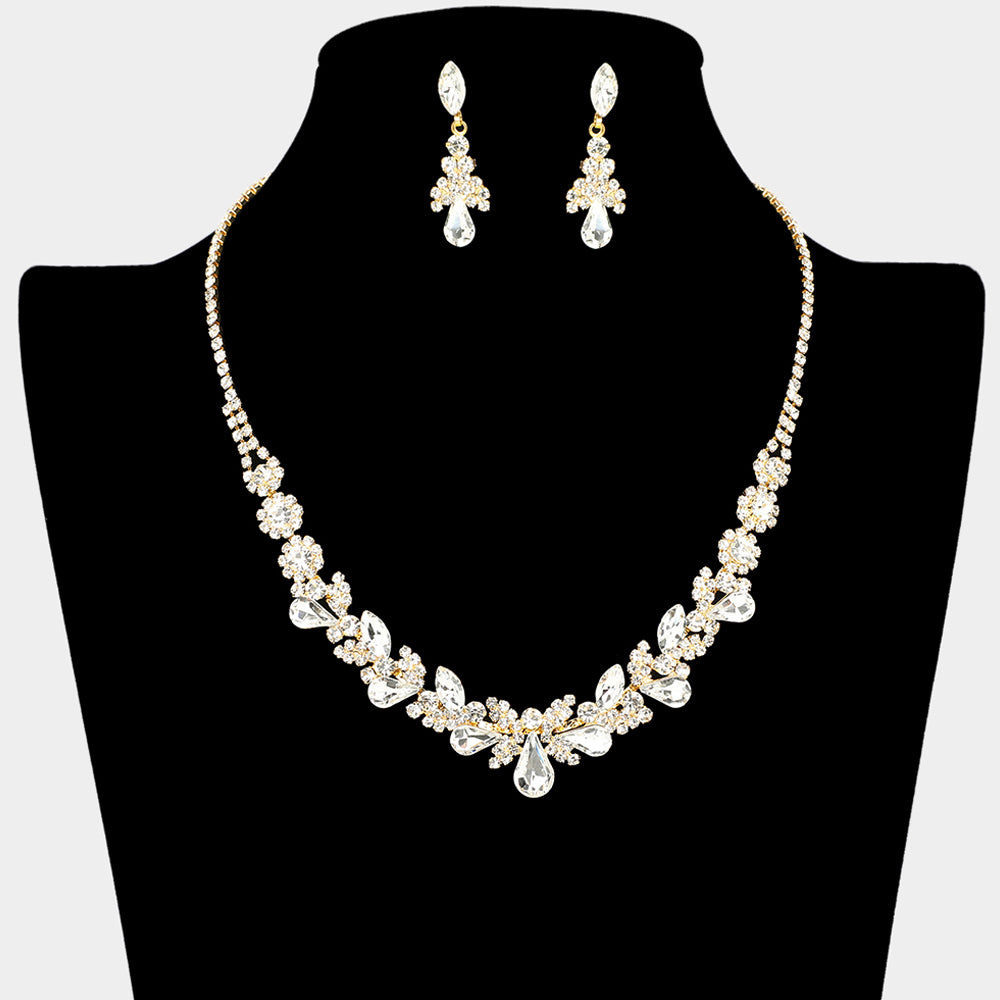 Elegant Gold Teardrop and Multi-Stone Cluster Prom Necklace Set | Perfect for Prom, Evening Parties & Special Occasions | 657456