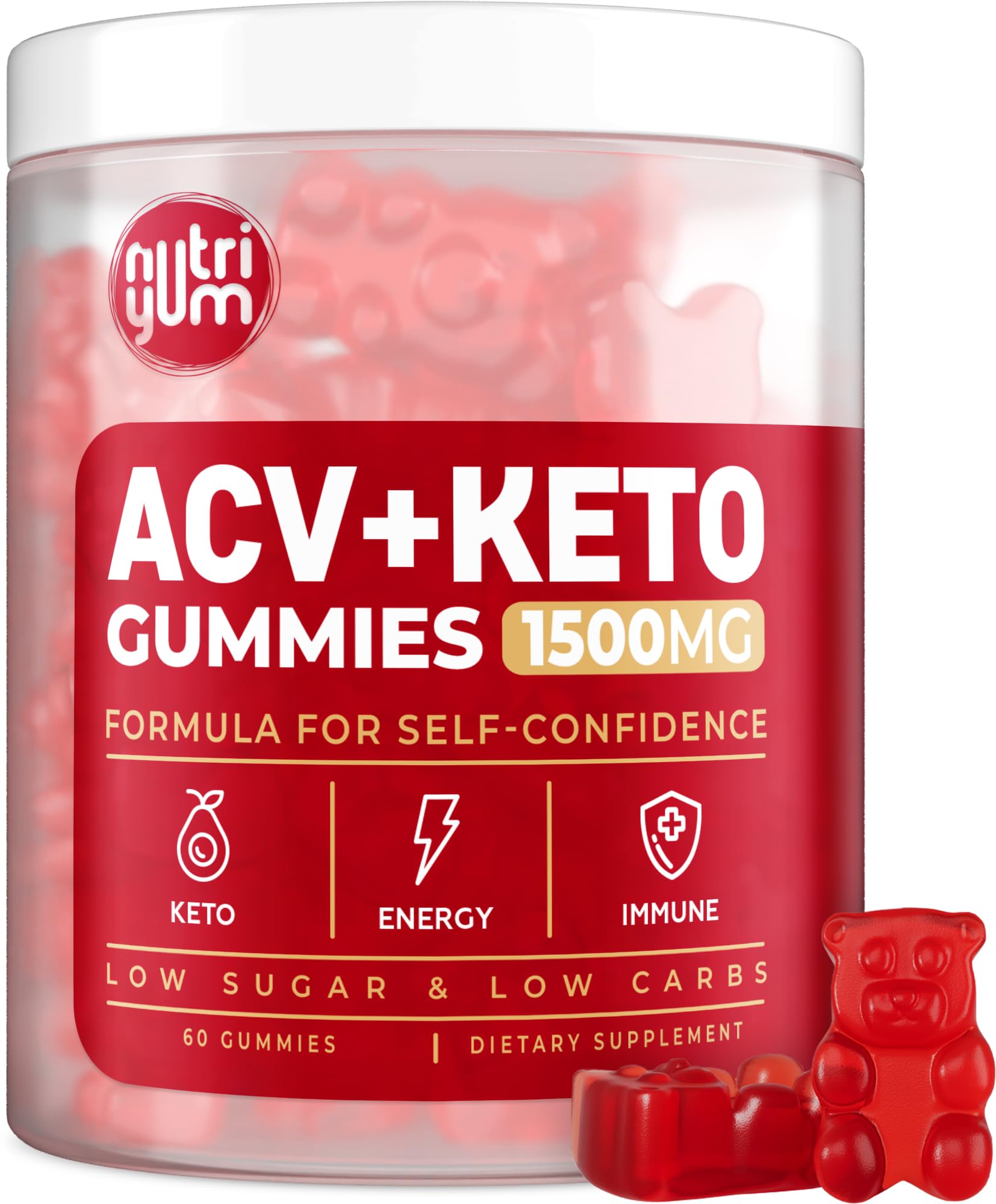Nutriyum ACV Keto Gummies 1500mg - Low Carb Low Sugar Apple Cider Vinegar Gummies for Weight Loss - Keto Diet Supplement for Women & Men - 60 Count - Supports Digestion & Energy Boost for Active Lifestyle