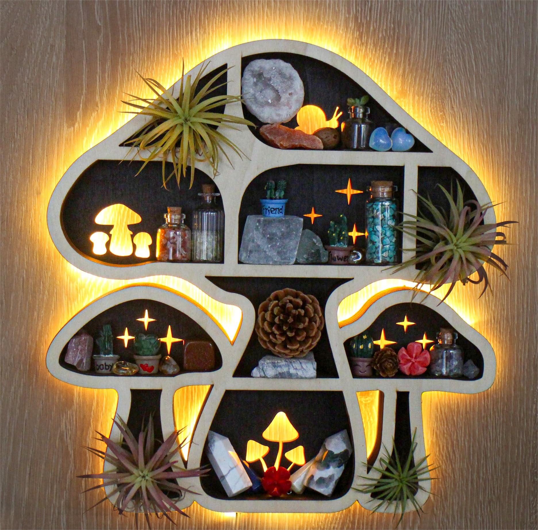 **LED Mushroom Wall Shelves - Crystal Floating Shelf for Rock Gem Storage & Trinket Display | Unique Gift for Mushroom Lovers | Perfect for Bedroom, Living Room & Mushroom-Themed Decor**
