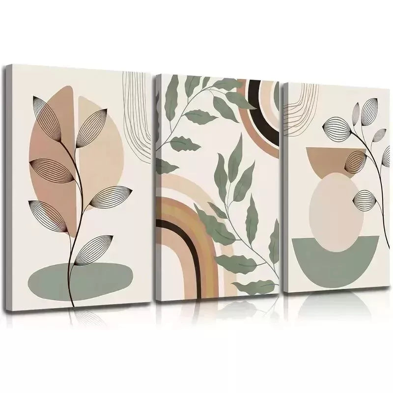 3-Piece Modern Minimalist Green Plant & Geometric Wall Art Set - 50x70cm Framed Canvas Prints - High Quality Australian Made - Ready to Hang - Perfect for Living Room, Bedroom & Office Decor