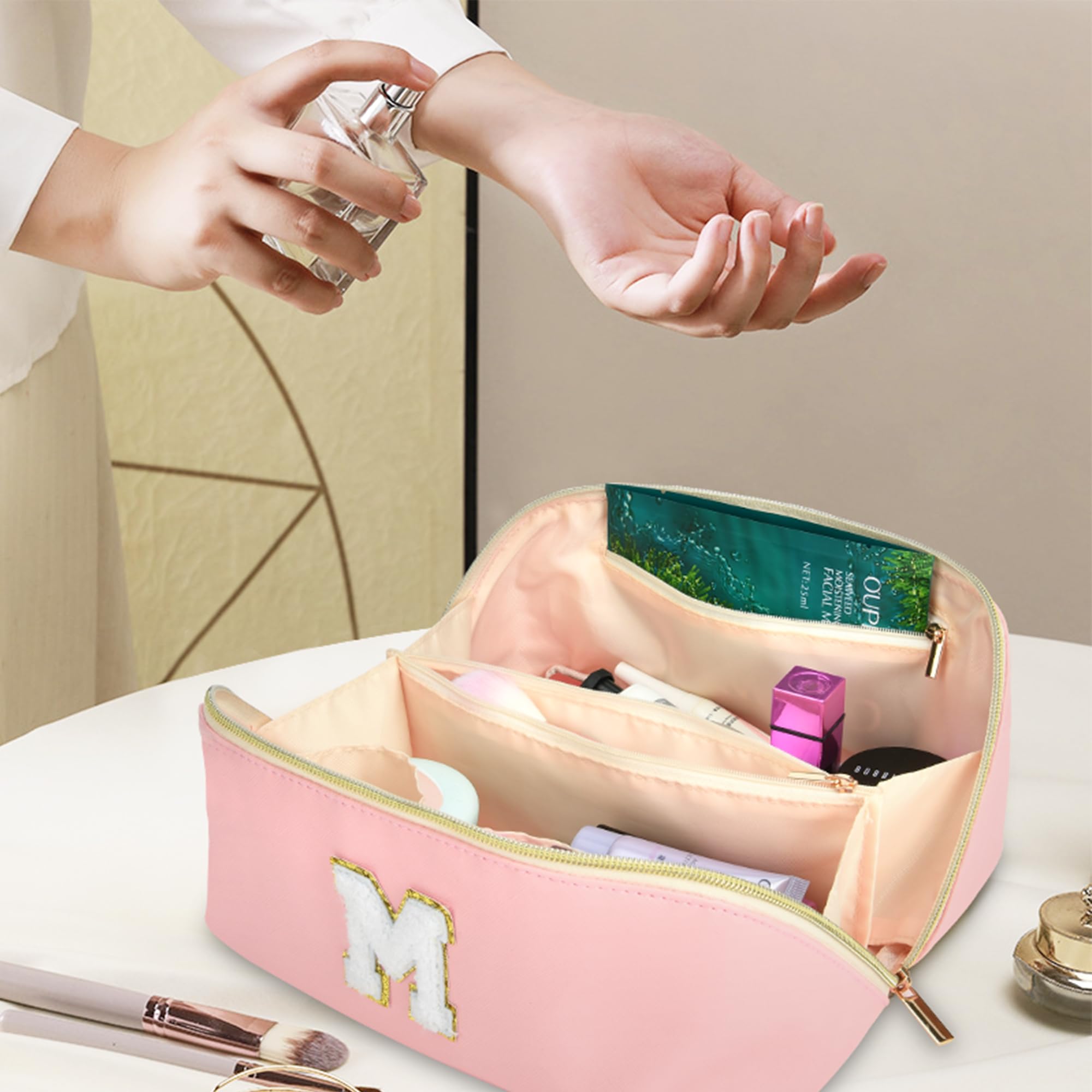 Personalized PU Leather Makeup Bag for Women & Teens - Initial Cosmetic Pouch, Travel Toiletry Organizer - Trendy Birthday & Mother's Day Gift Idea (Pink) - Perfect for Travel, Gym & Daily Skincare Storage